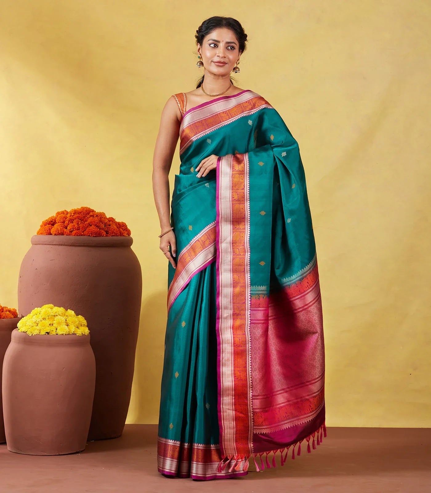 RmKV Teal Kanchipuram Silk Saree With Silk Thread Buttas