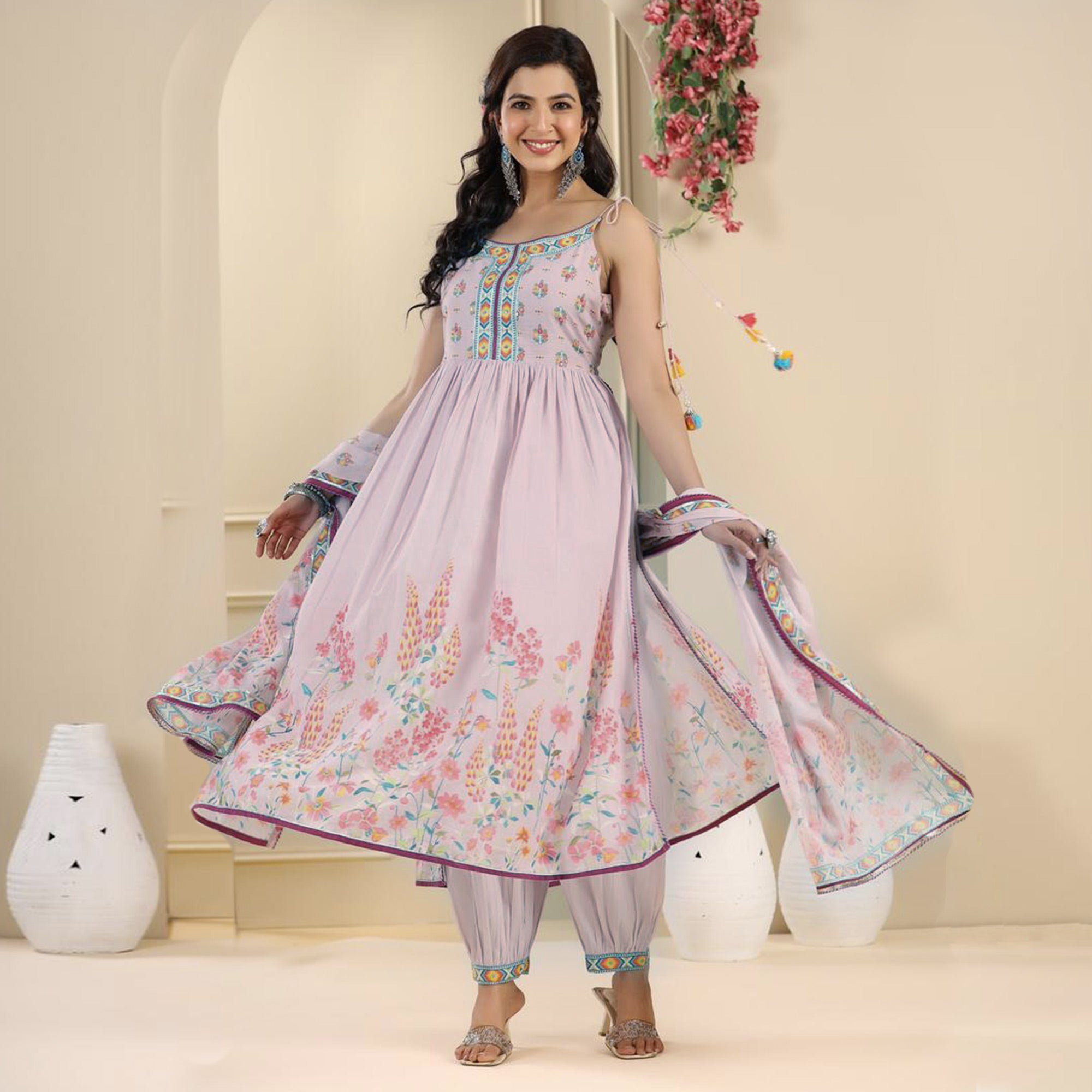 Peachmode Lavender Floral Printed Pure Cotton Naira Cut Suit