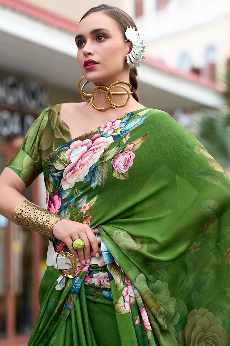 Rajpath Intricate Green Digital Printed Georgette Saree With Charming Blouse Piece - view 2