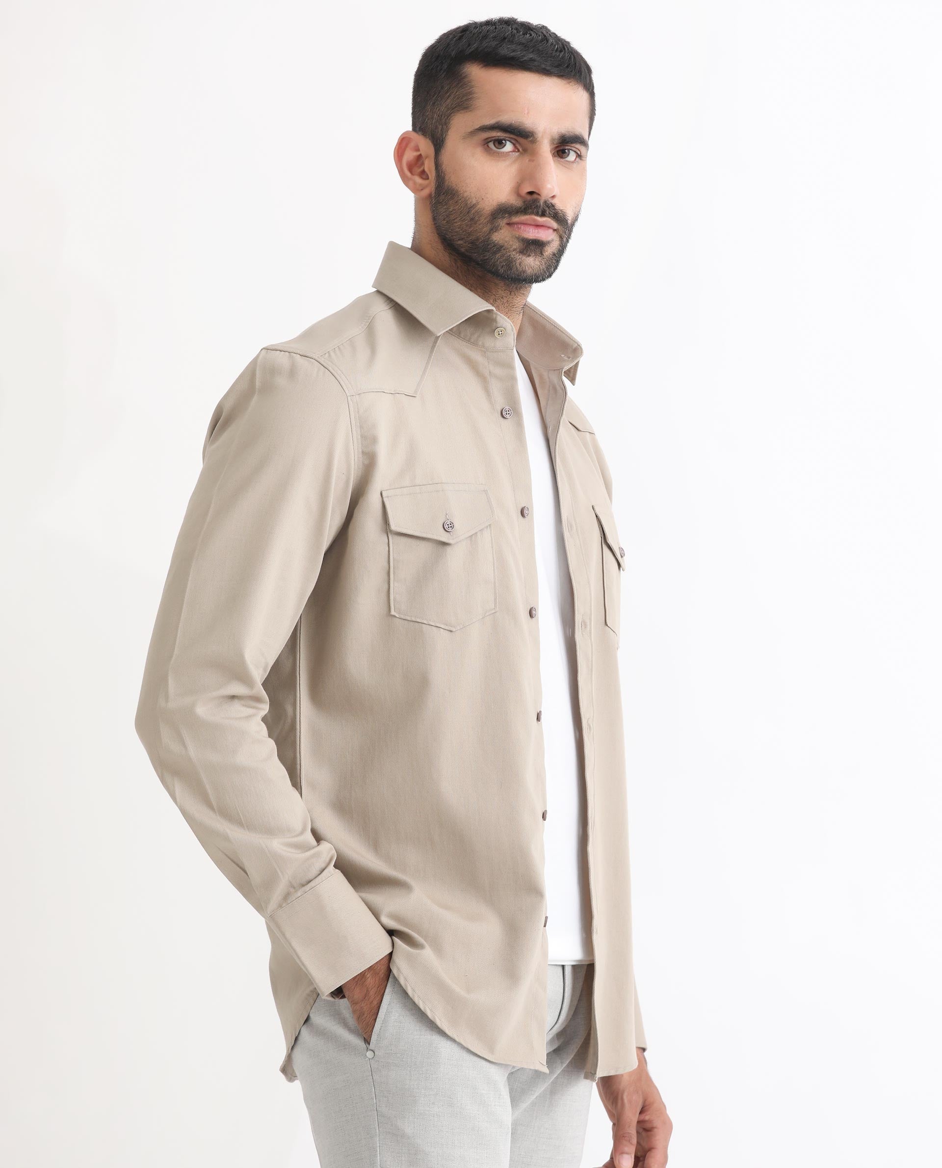 Rare Rabbit Men's Belia Beige Cotton Fabric Full Sleeves Solid Shirt - view 7