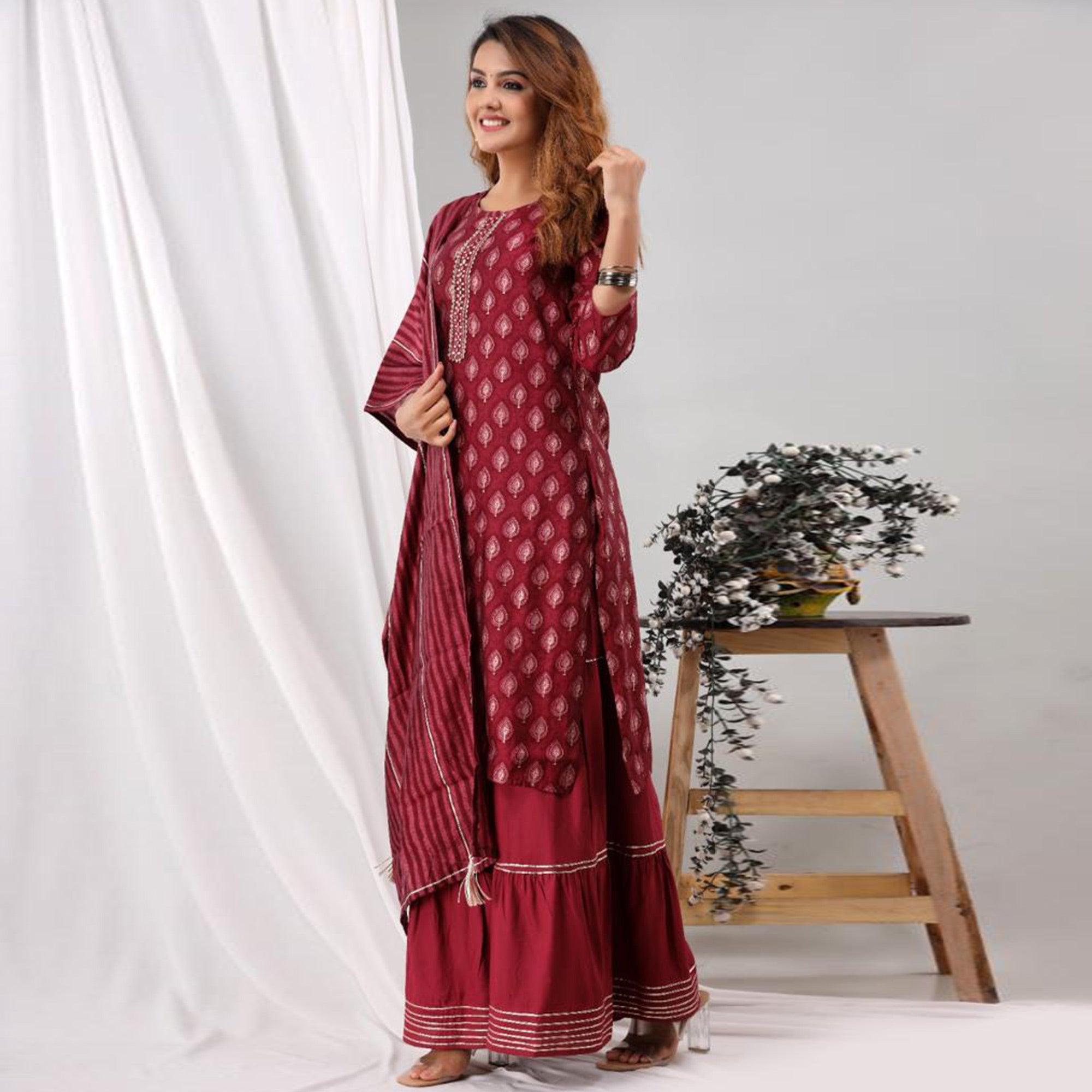 Peachmode Maroon Partywear Sequins Embroidered Cotton Kurti Palazzo Suit - view 4