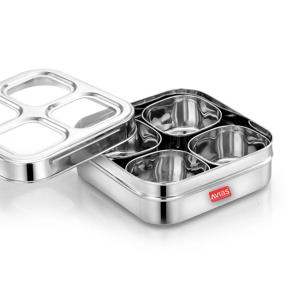 AVIAS Square Stainless Steel Dry Fruit cum Spice box with See-Through Lid | 4 Compartments and 1 Spoon | Silver - view 2
