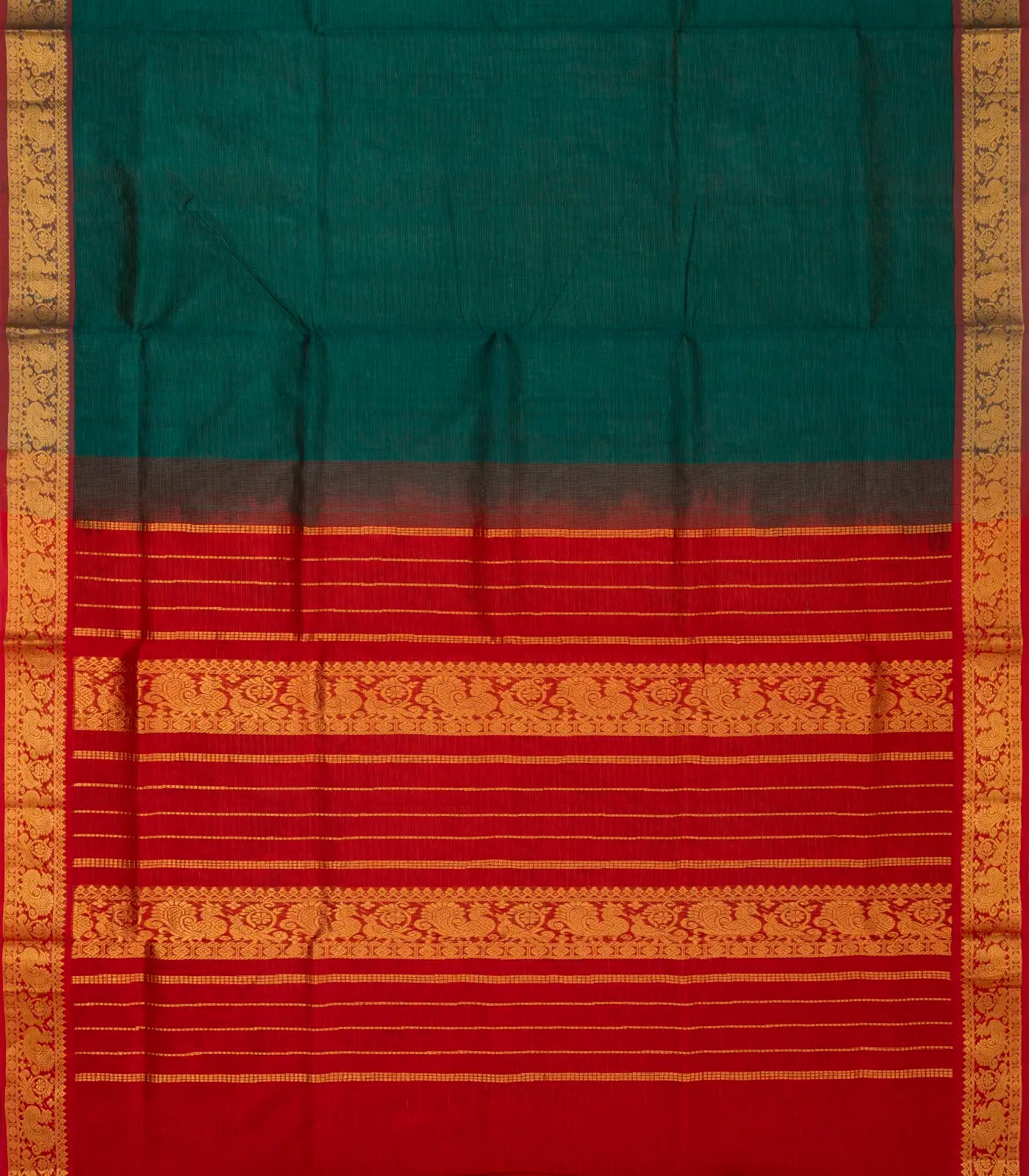 RmKV Teal Handloom Silk Cotton Saree With Contrast Red Border - view 2