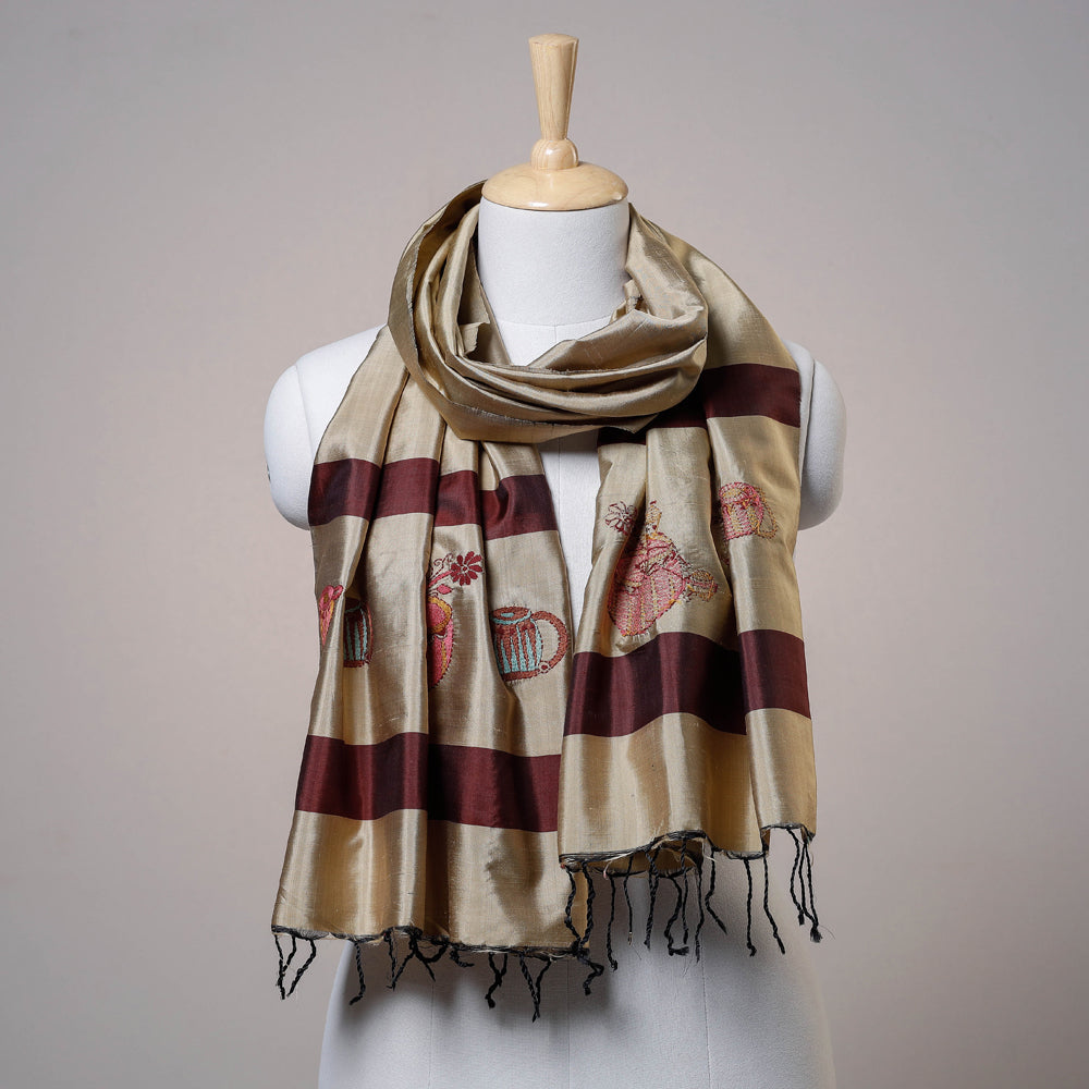 KHUSHBASH - HAPPY LOOM OF EAST Brown - Bengal Kantha Embroidered Tussar Silk Handloom Stole