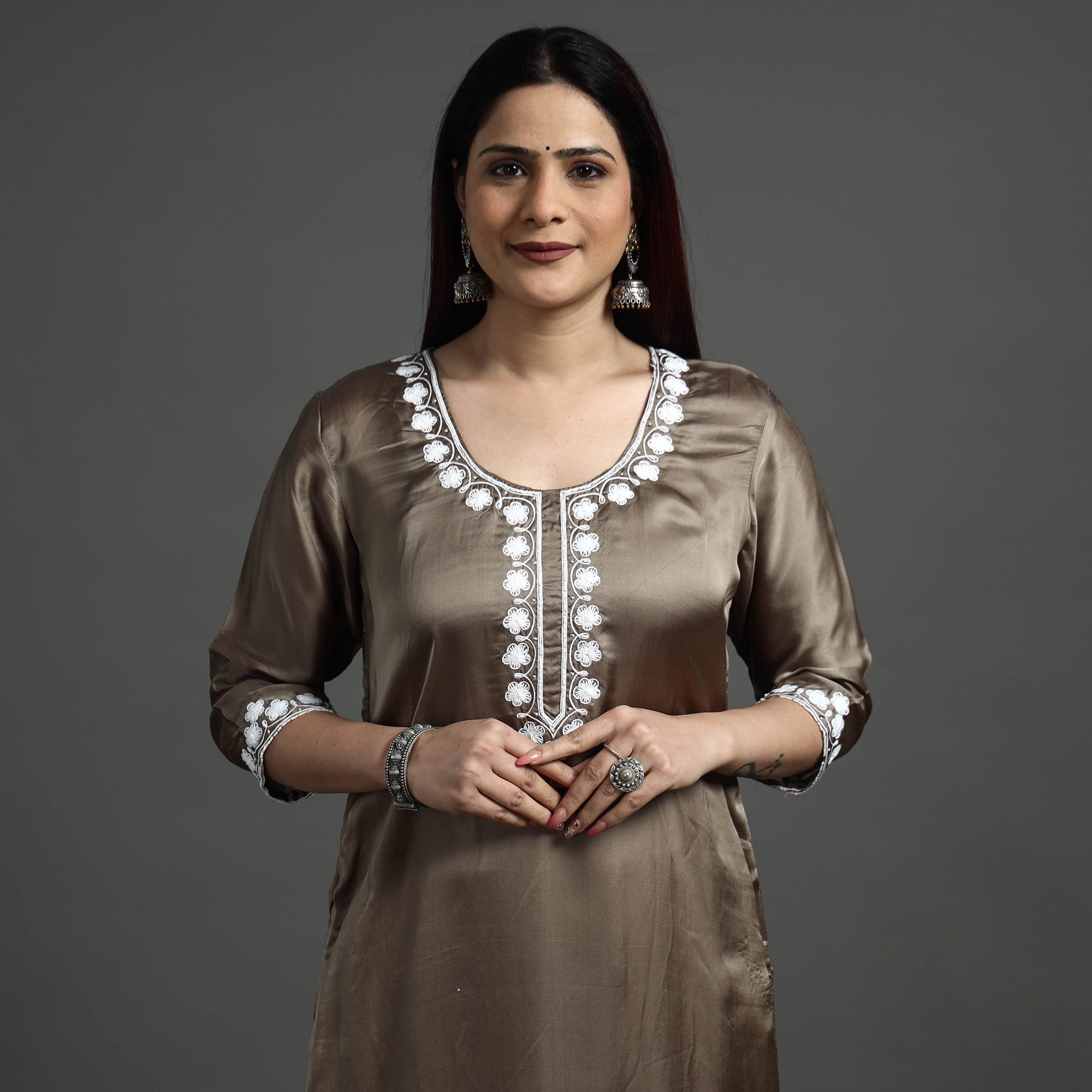 ITOKRI CASUALS Brown - Modal Silk Noori Hand Embroidery Long Straight Kurta