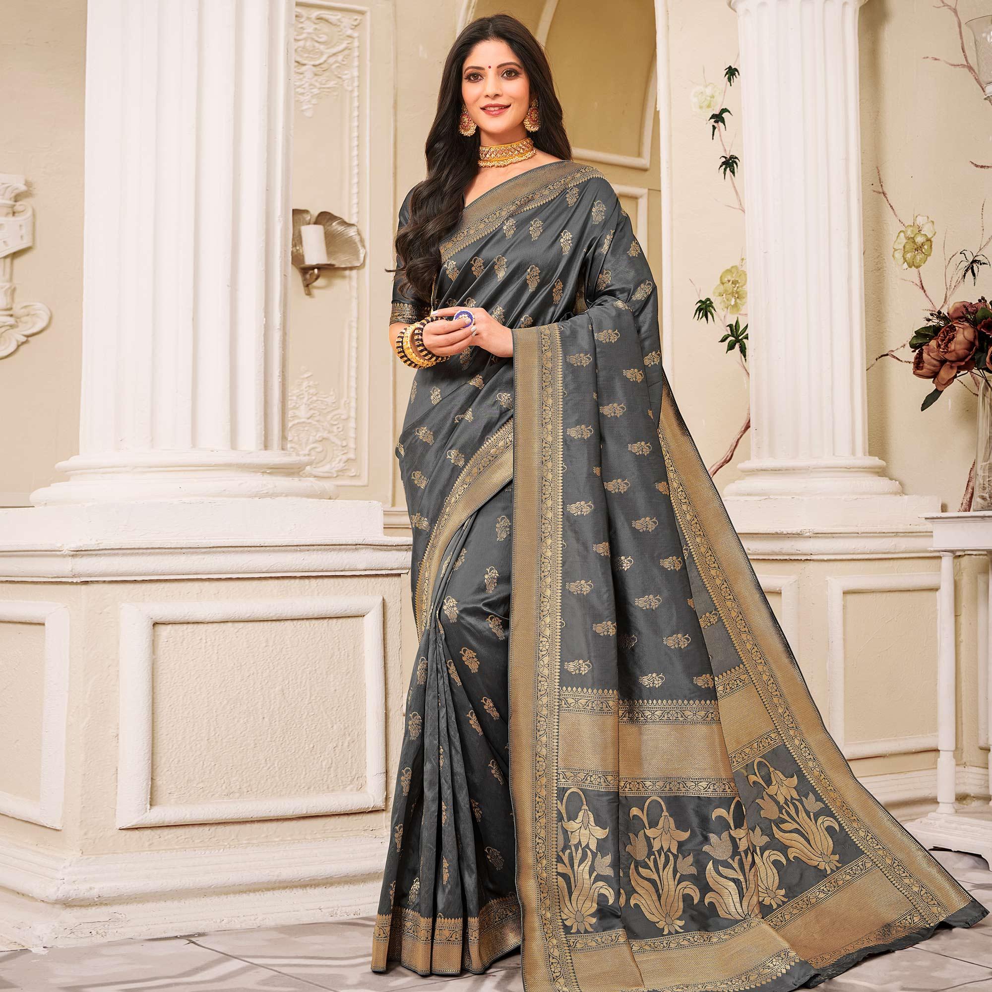 Peachmode Glowing Grey Colored Festive Wear Woven Banarasi Silk Saree