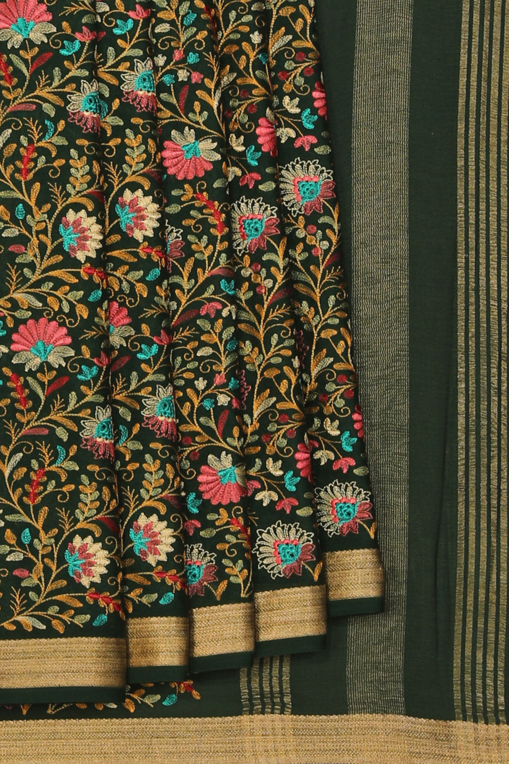 Kalanjali Crepe Silk Bottle Green Embroidered Saree