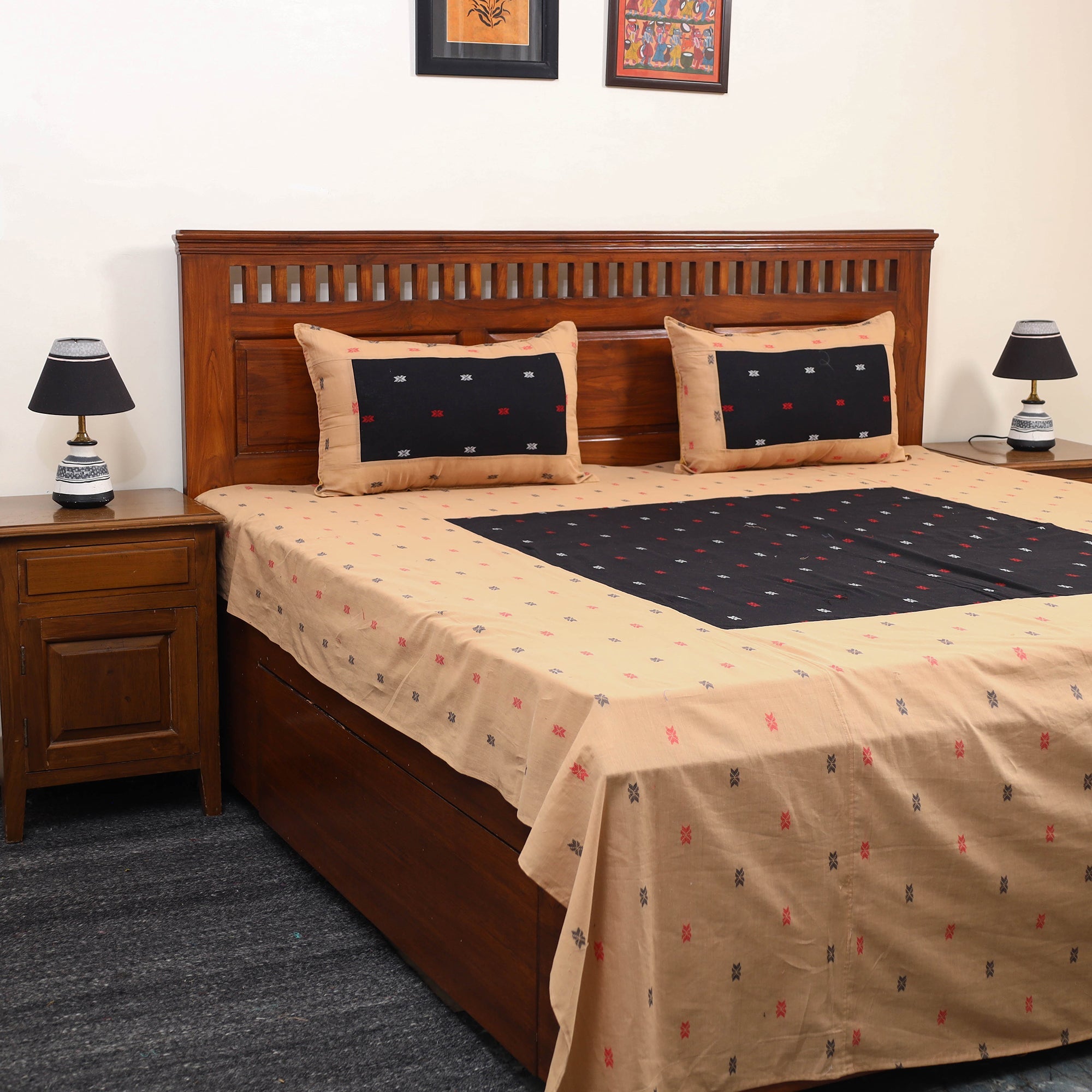 SOUTH KARGHA Beige - Jacquard Patchwork Cotton Double Bed Cover with Pillow Covers (108 x 83 in) 32