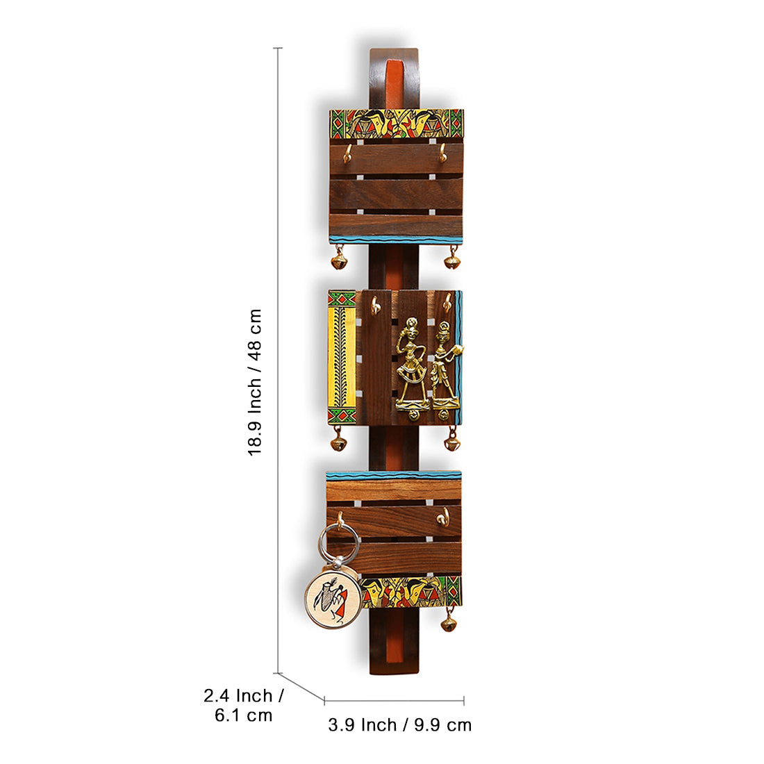 EXCLUSIVELANE 'Brass, Wood & Colours' Madhubani Handpainted Dhokra Art Key Holder In Sheesham & Teak Wood (6 Hooks) - view 5
