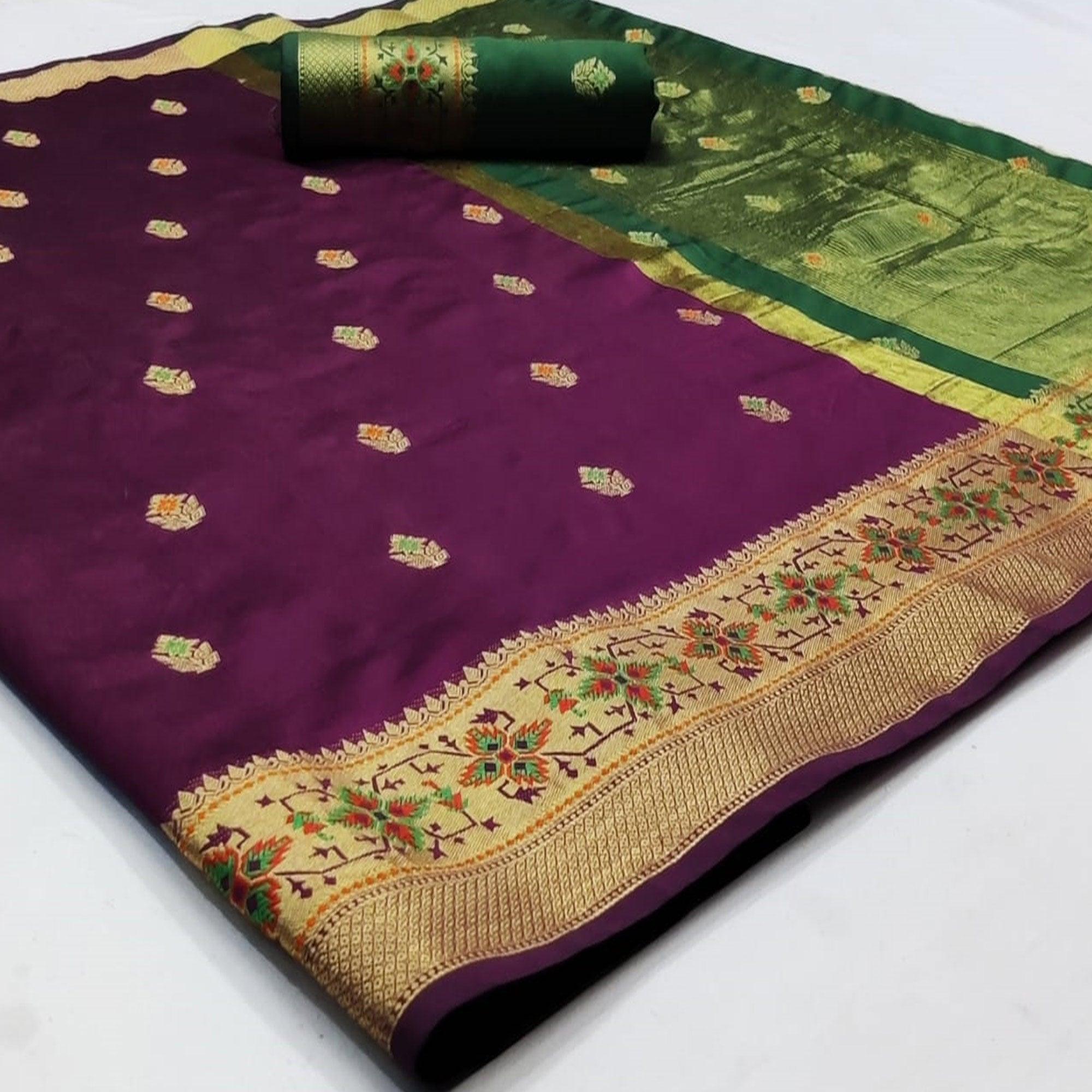 Peachmode Fantastic Dark Purple Colored Festive Wear Woven Silk Saree