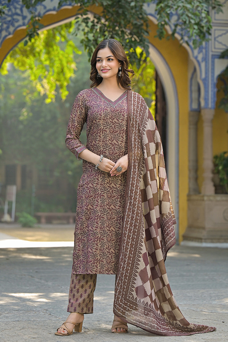 Ahika Brown Cotton Blend Floral Printed Straight Trouser Suit Set VKSKD2302 - view 6