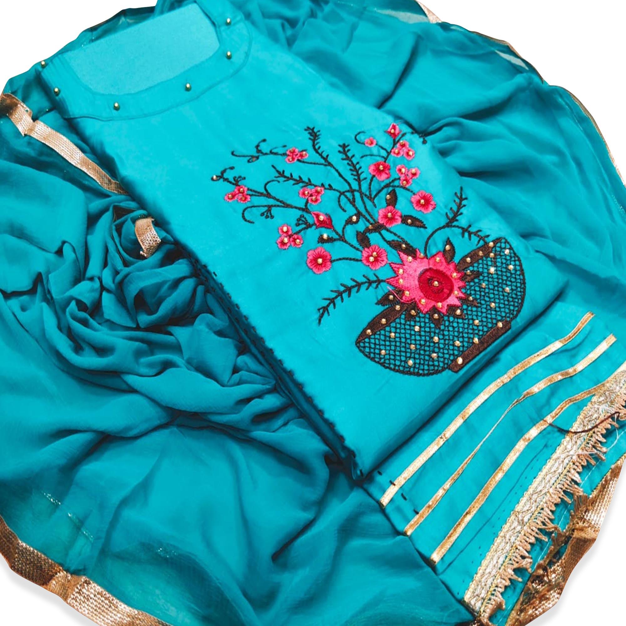 Peachmode Hypnotic Sky Blue Colored Casual Wear Floral Embroidered Cotton Dress Material