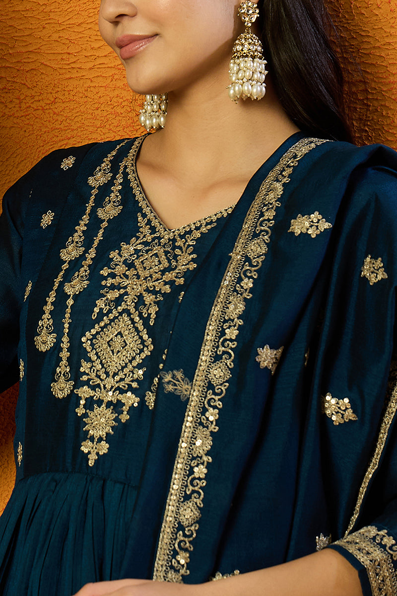 Ahika Indigo Blue Silk Blend Solid Embroidered Anarkali Style Suit Set PKSKD2060 - view 2