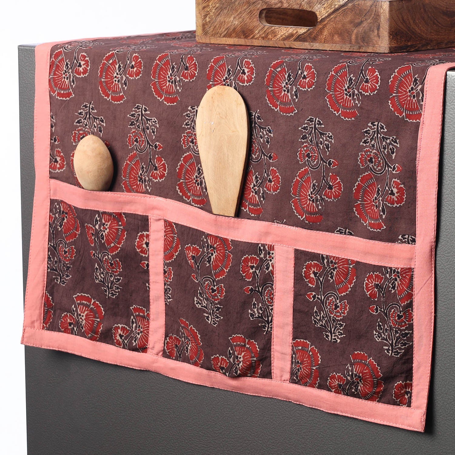 JALPARI Brown - Ajrakh Block Printed Cotton Fridge Top Cover with Multiple Pockets - view 2
