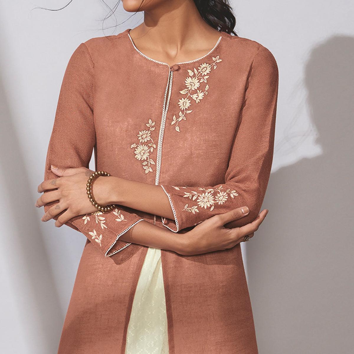 Peachmode Seller Jazzy Brown Colored Party Wear Embroidered Khadi Cotton Kurti-Palazzo Set - view 3