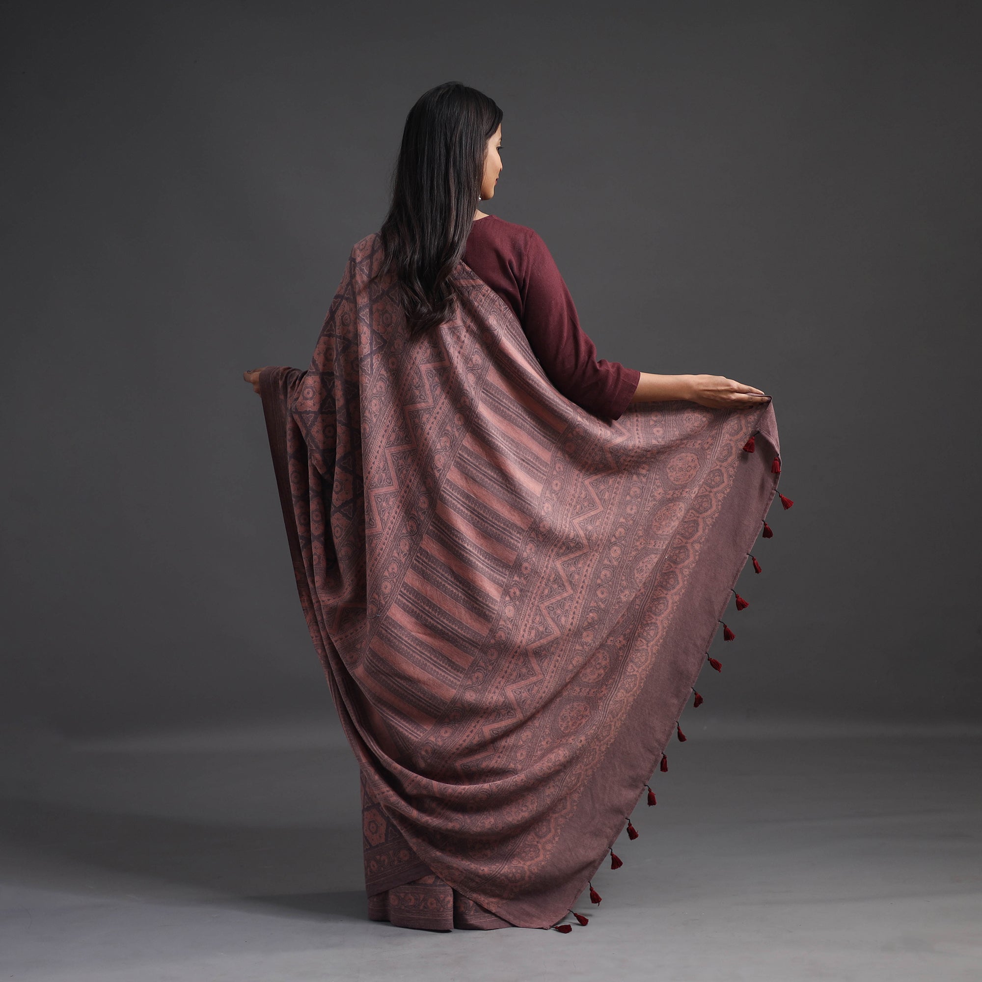 AJRAKH BY JABBAR KHATRI Brown - Merino Wool Block Print Ajrakh Saree with Tassels 03 - view 4