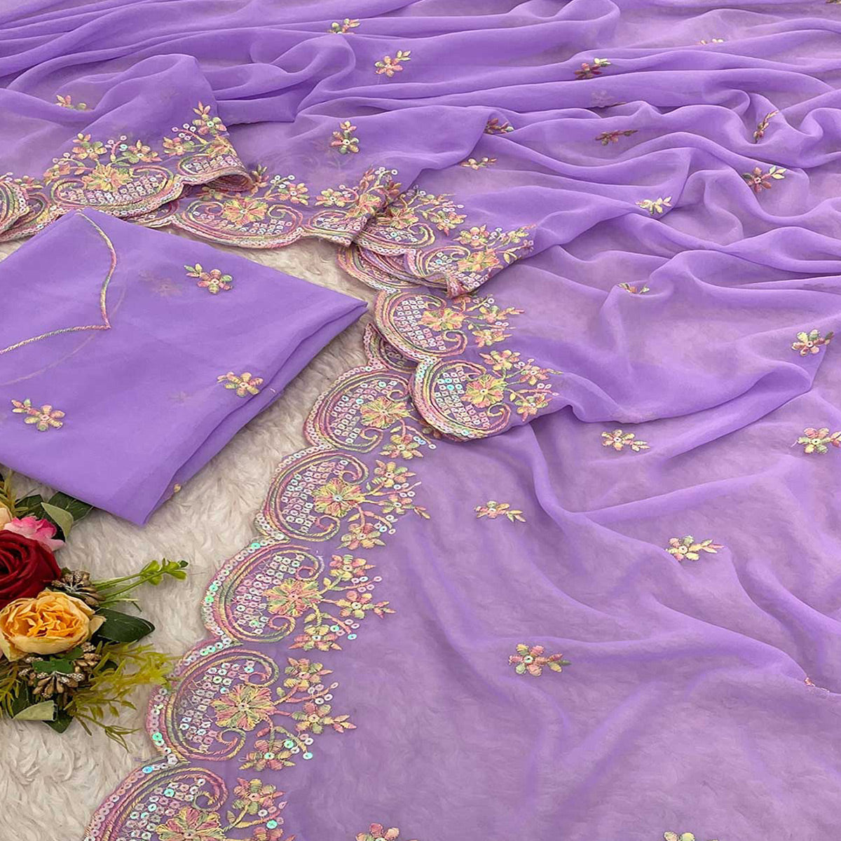 Peachmode Lavender Floral Sequins Embroidered Georgette Saree - view 2
