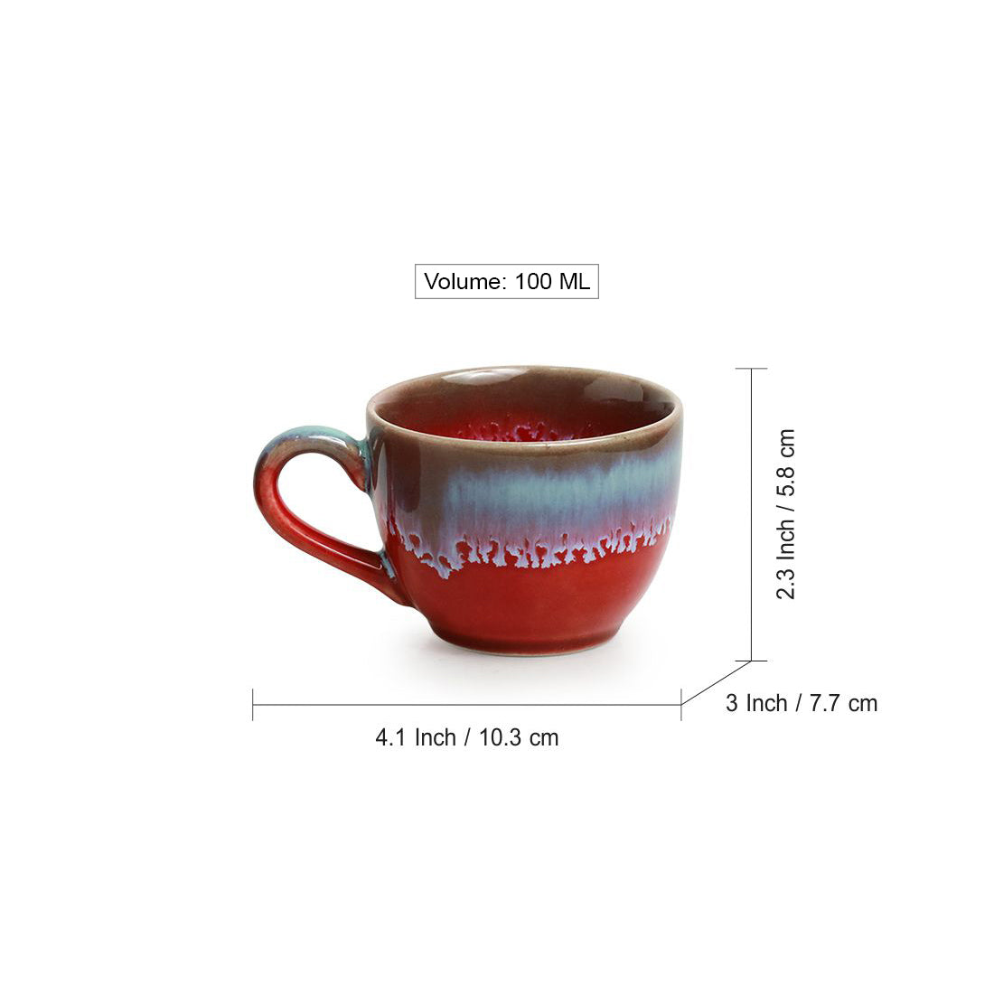 EXCLUSIVELANE 'Coral Reef' Tea Cups In Ceramic (Set Of 6, Hand Glazed Studio Pottery, Red & Cyan Blue) - view 5