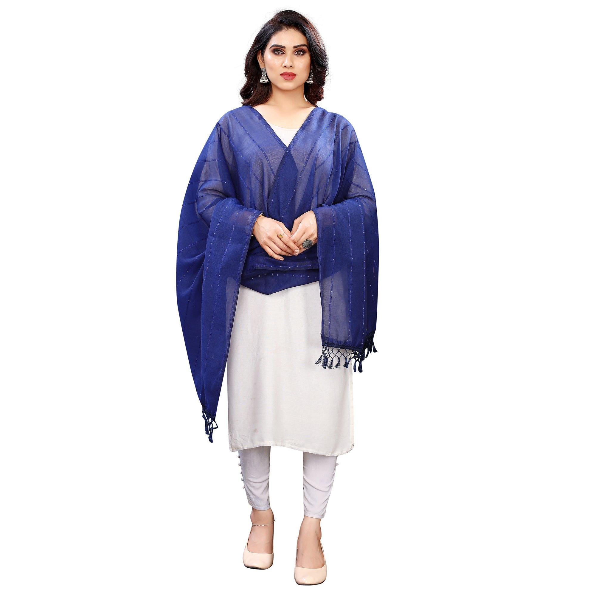 Peachmode Seller Blue Stripes Woven Sequins Festive Wear Cotton Silk Dupatta