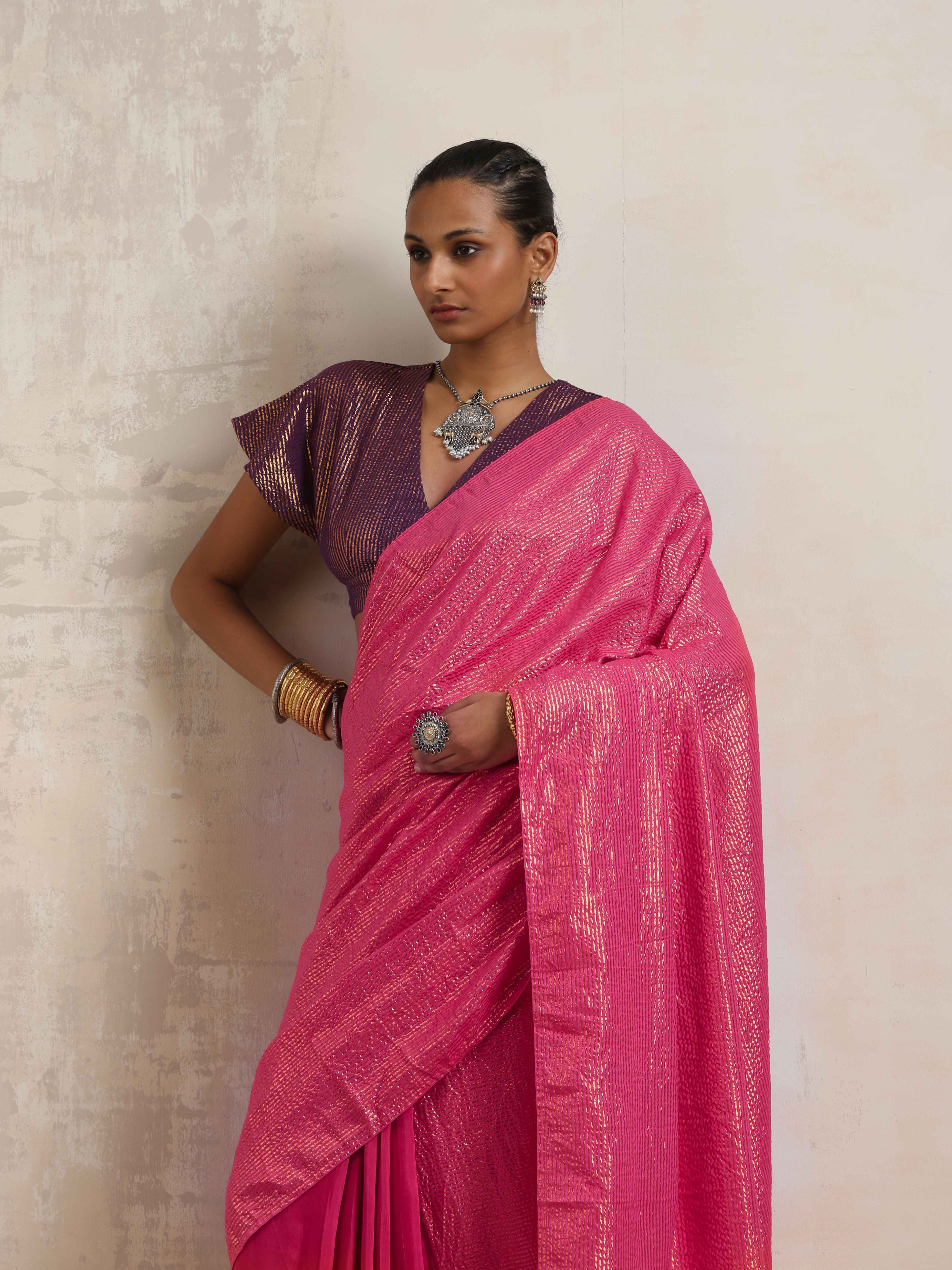 trueBrowns Pink Gold Metallic Ready To Wear Saree - view 6