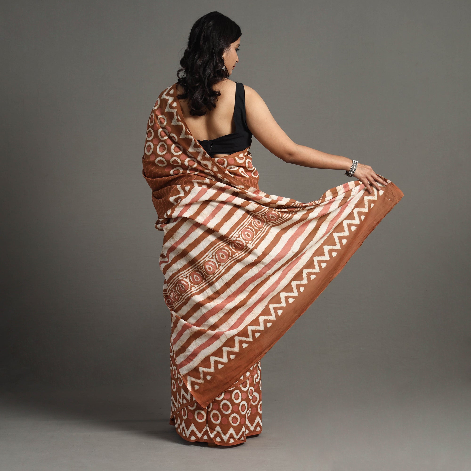 ARTISAN HAND BLOCK PRINTS Brown - Bagru Dabu Block Printed Mul Cotton Saree - view 4