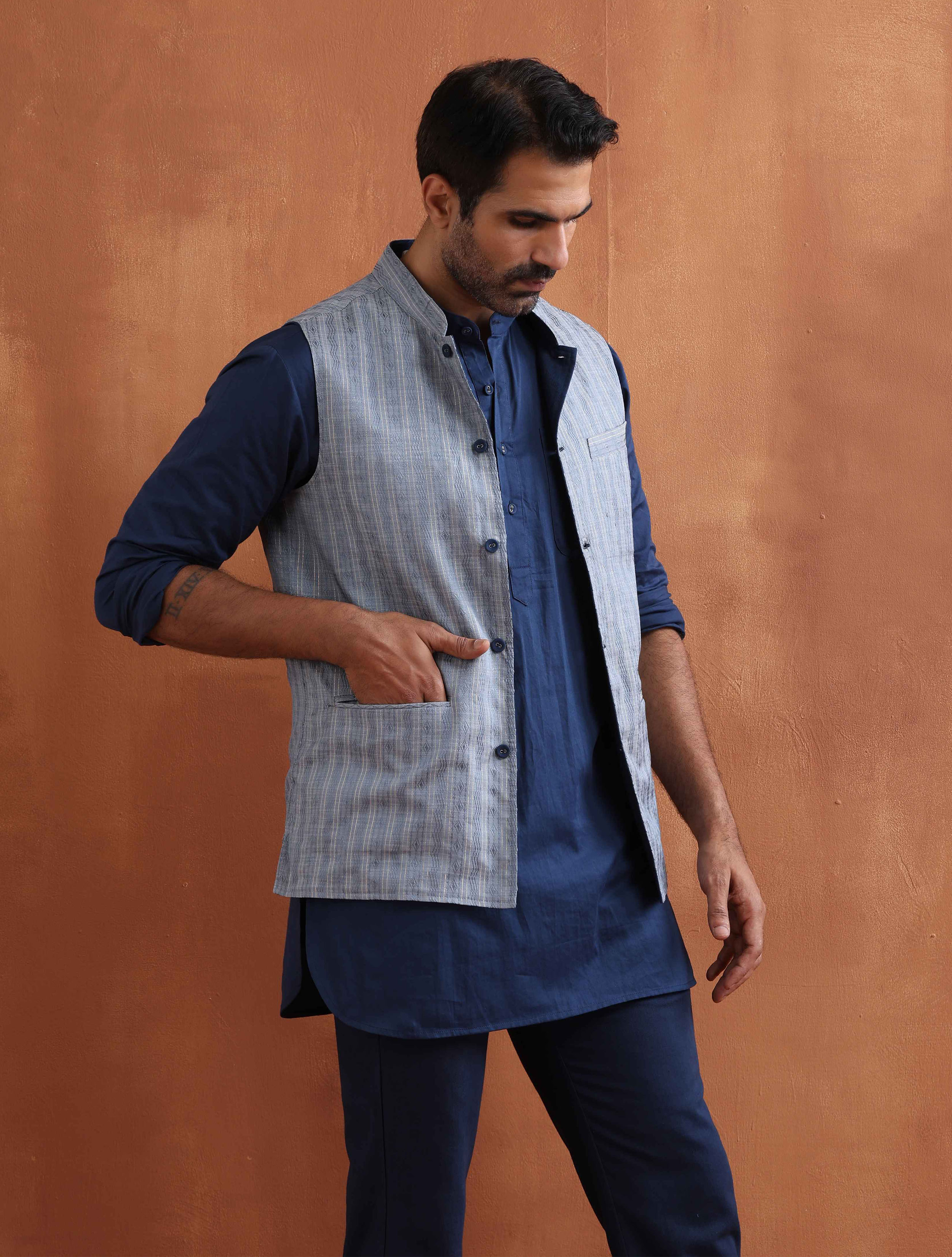 trueBrowns Men's Blue Chanderi Reversible Nehru Jacket - view 2