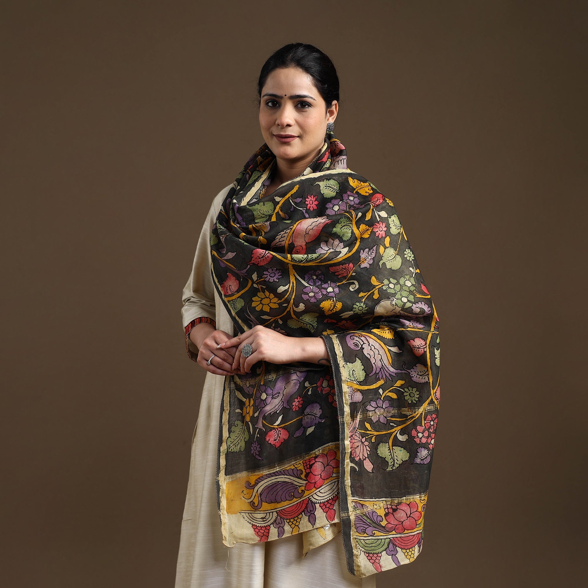 SOUTH KARGHA Black - Handpainted Chanderi Silk Pen Kalamkari Stole 03
