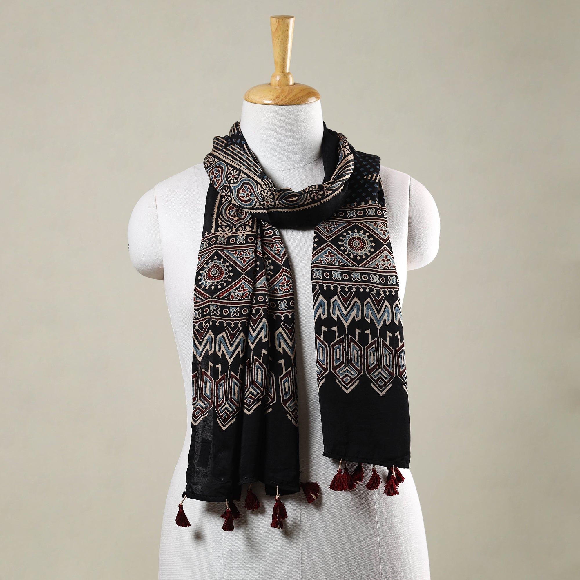 RIYAZ ABDULMAJID KHATRI - AJRAKH Black - Ajrakh Hand Block Printed Modal Silk Stole with Tassels