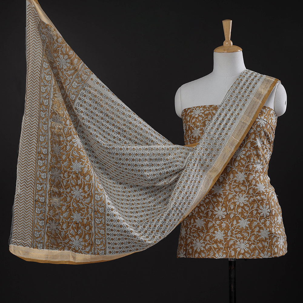 ARTISAN HAND BLOCK PRINTS Brown - 3pc Sanganeri Block Printed Maheshwari Silk Suit Material Set