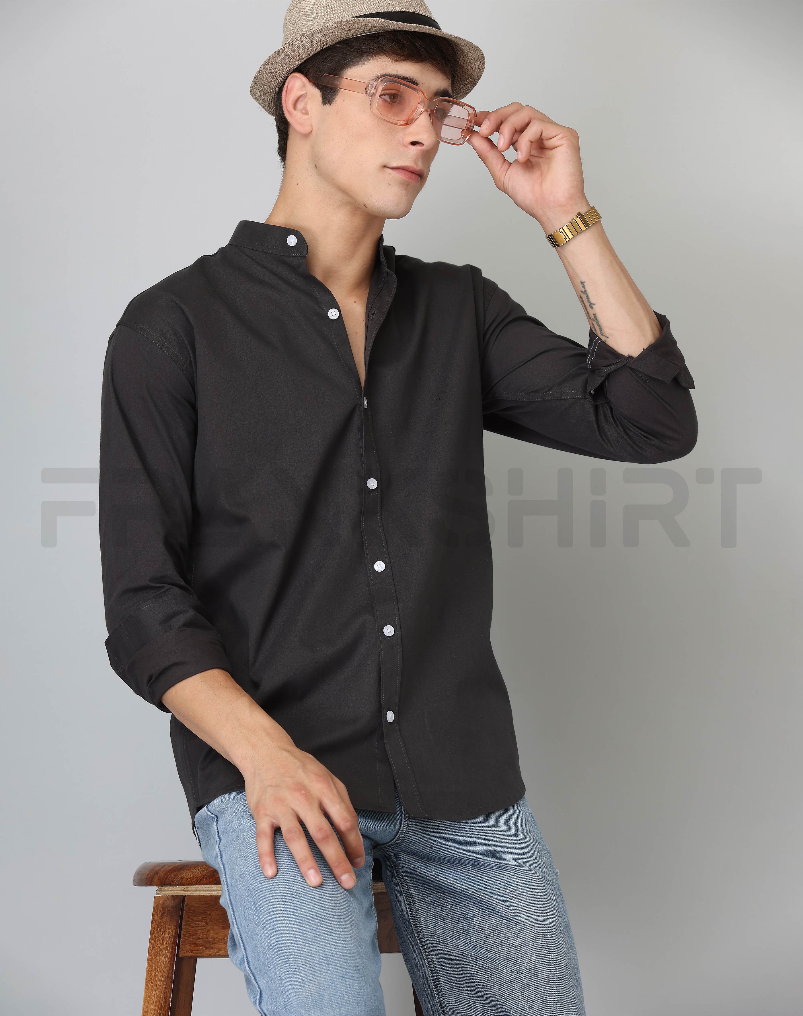 BlackTree Frankshirt Chinese Collar Black Solid Tailored Fit Cotton Casual Shirt for Man - view 6