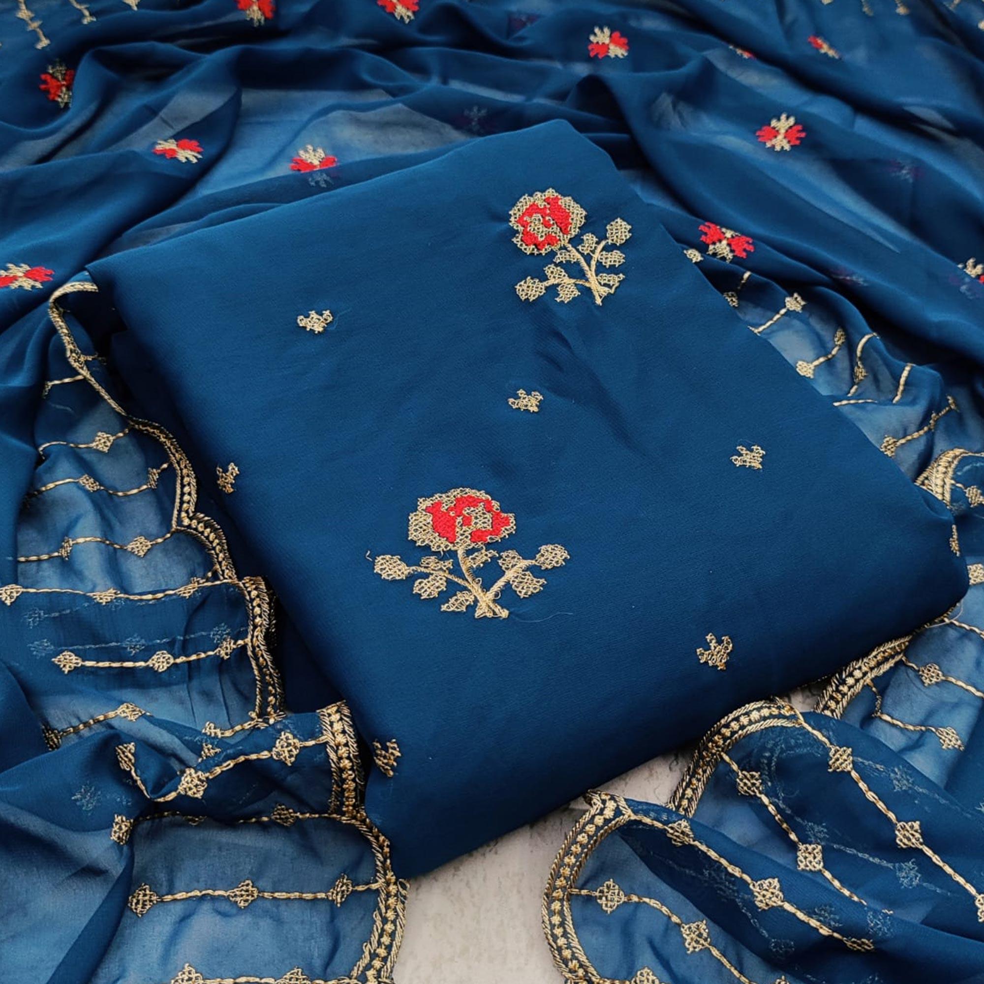 Peachmode Hypnotic Sky Blue Colored Casual Wear Embroidered Georgette Dress Material