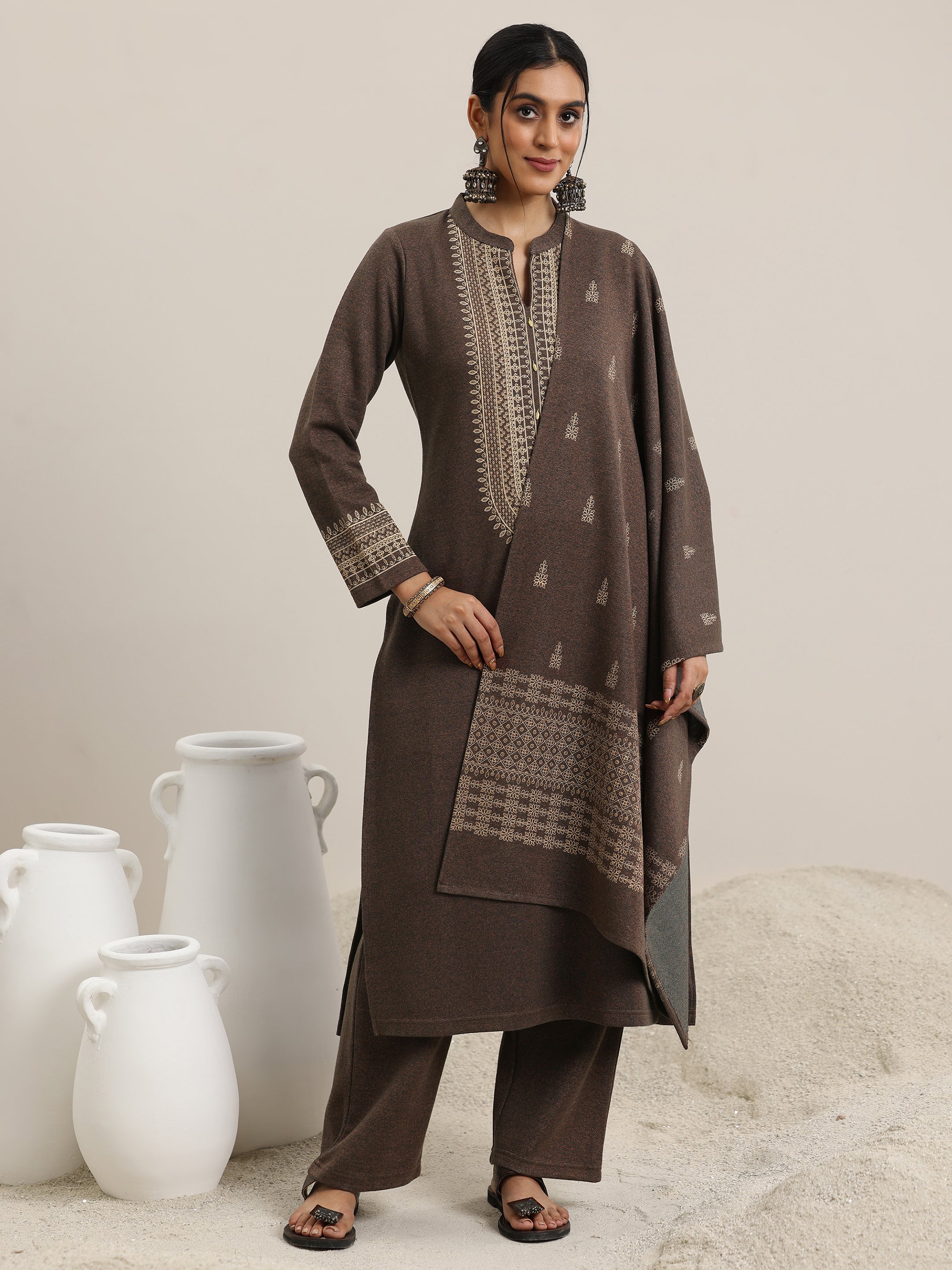 Libas Brown Yoke Design Wool Blend Straight Suit With Dupatta
