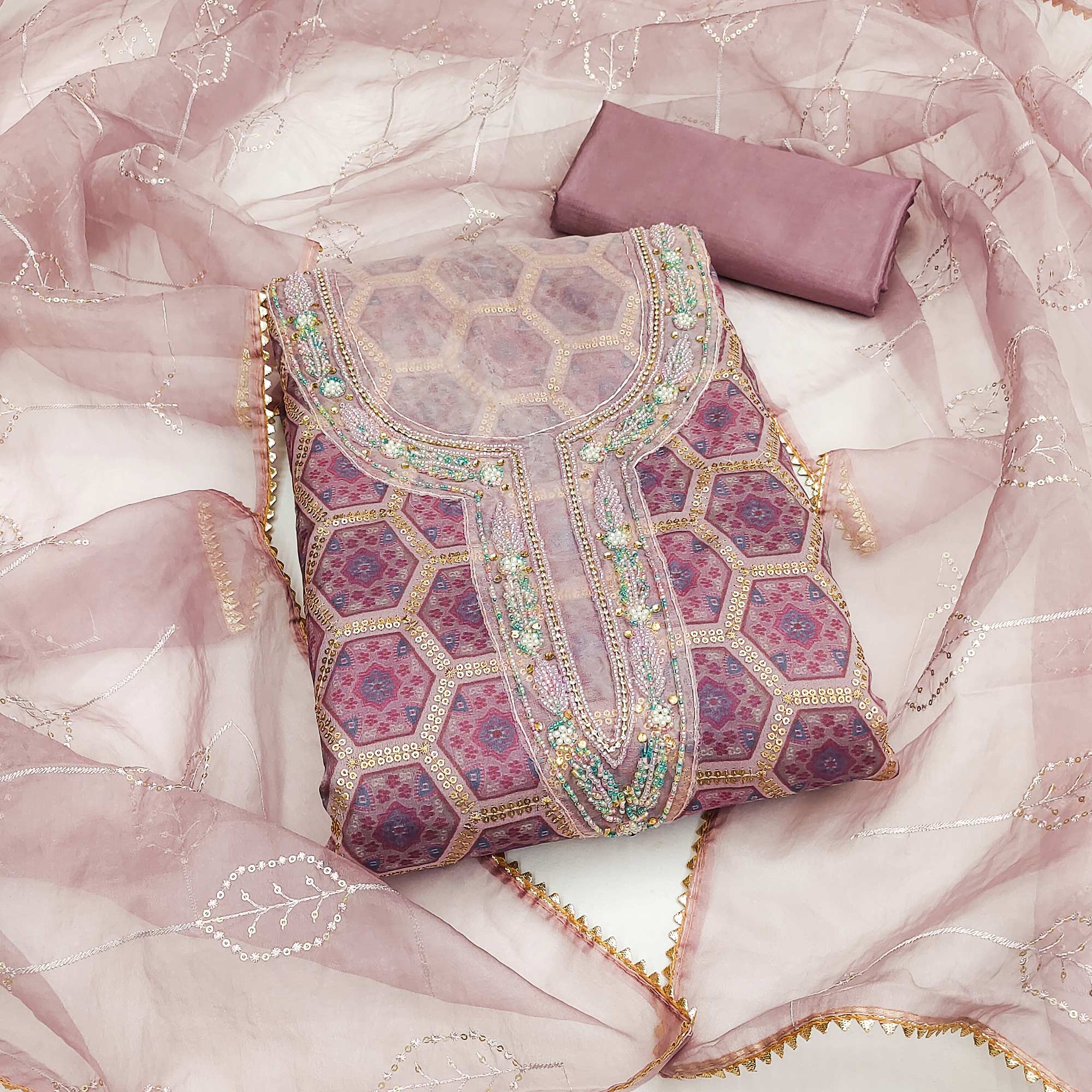 Peachmode Mauve Printed Organza Dress Material