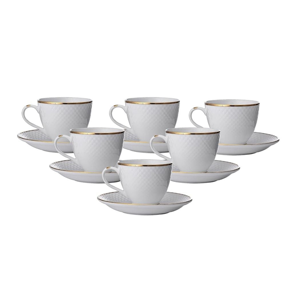 Clay Craft Ceramic Diamond 22k Gold Line Cup & Saucer Set | 210 ML | White | Set of 12 Pcs - view 2