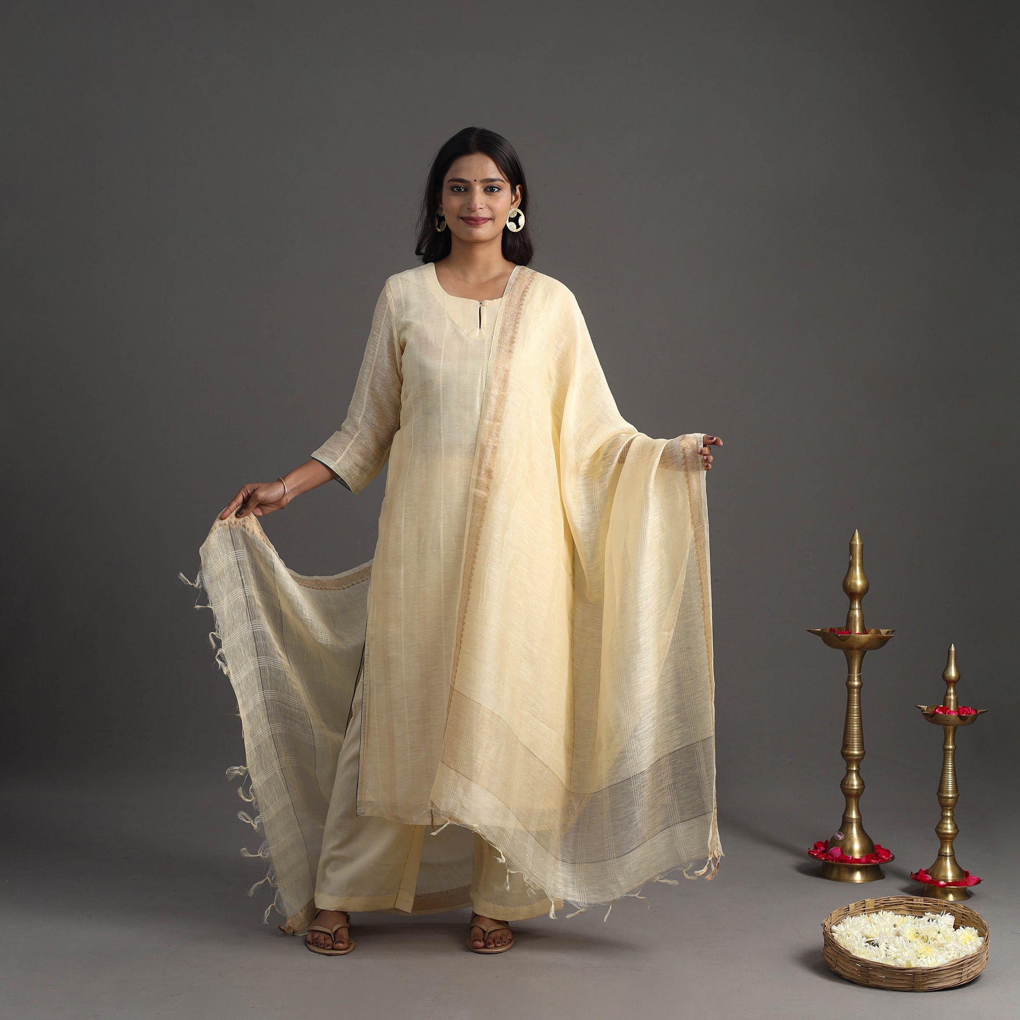 ITOKRI CASUALS Beige - Elegant Linen Silk Handloom Plain Kurta Set 09