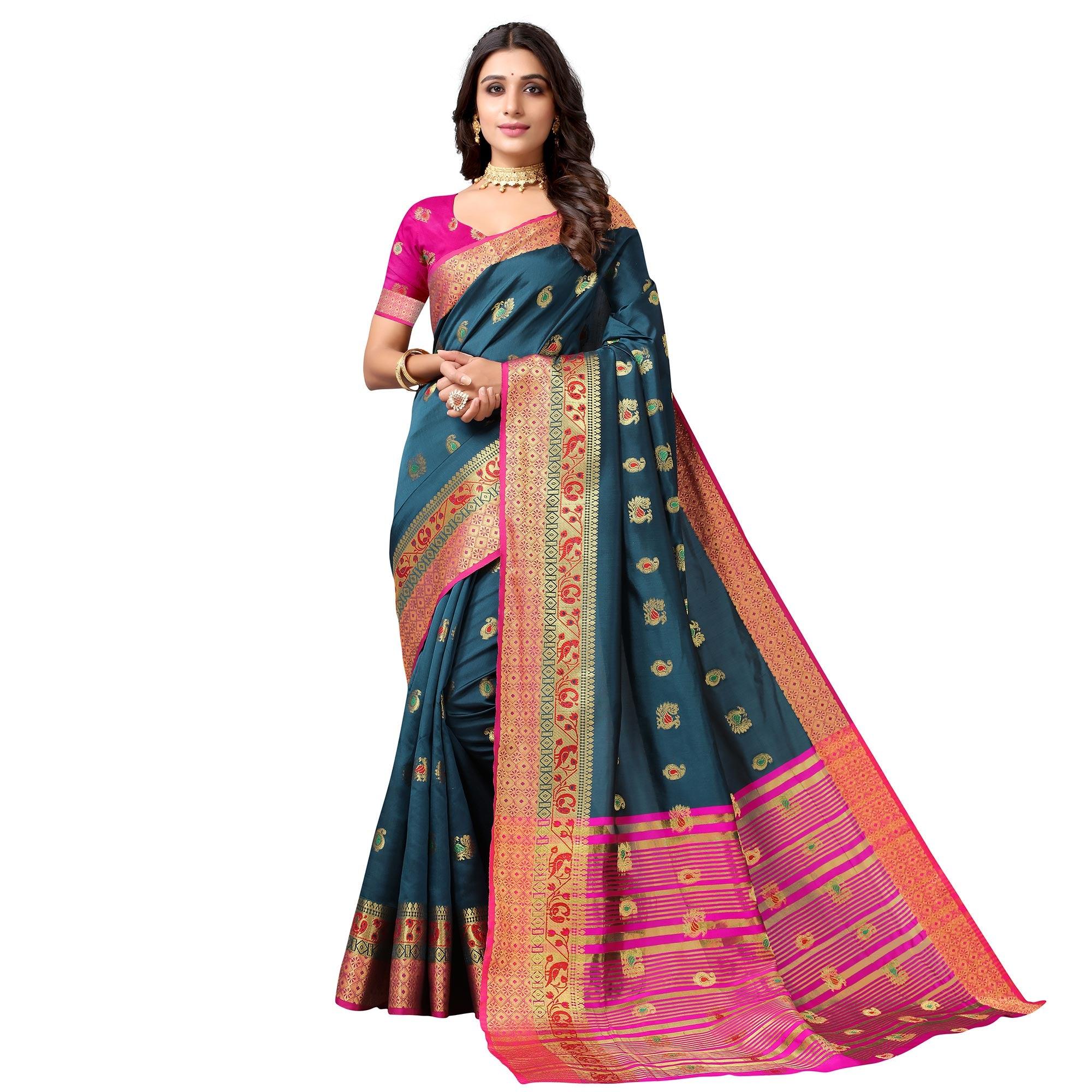 Peachmode Dark Rama Blue Festive Wear Woven Soft Silk Saree With Jacquard Border