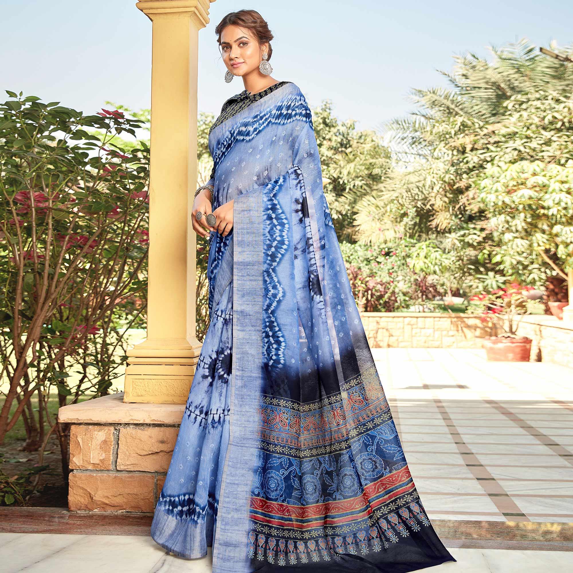 Peachmode Energetic Blue Colored Digital Printed Festive Wear Linen Designer Saree