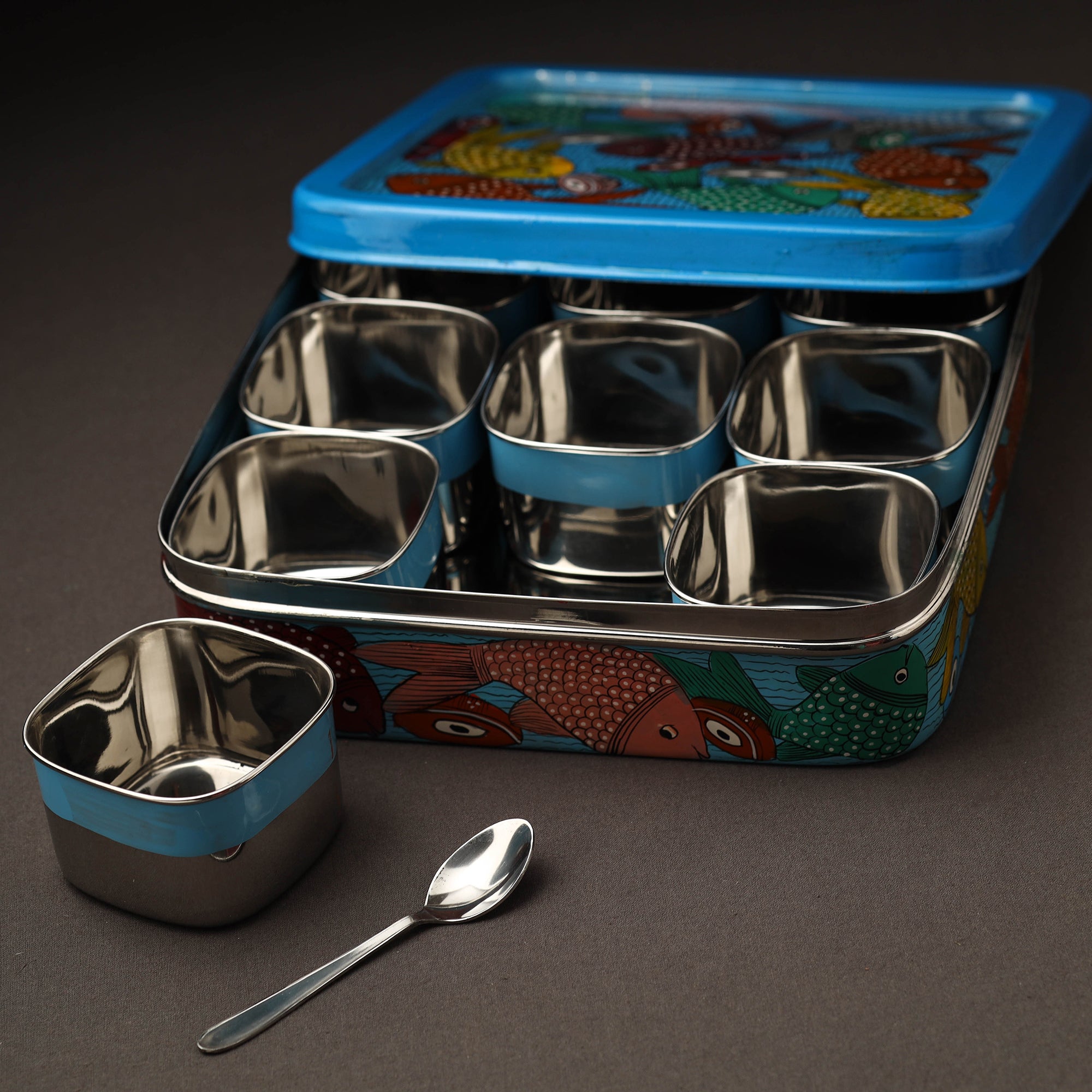 AAYAAS Blue - Bengal Patua Handpainted Stainless Steel Square Masala Box (9 x 9 in) - view 3