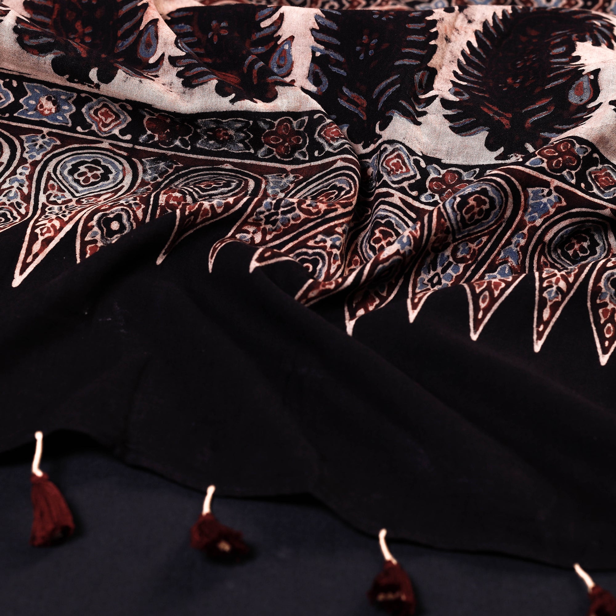 RIYAZ ABDULMAJID KHATRI - AJRAKH Black - Ajrakh Block Printed Mul Cotton Stole with Tassels - view 2