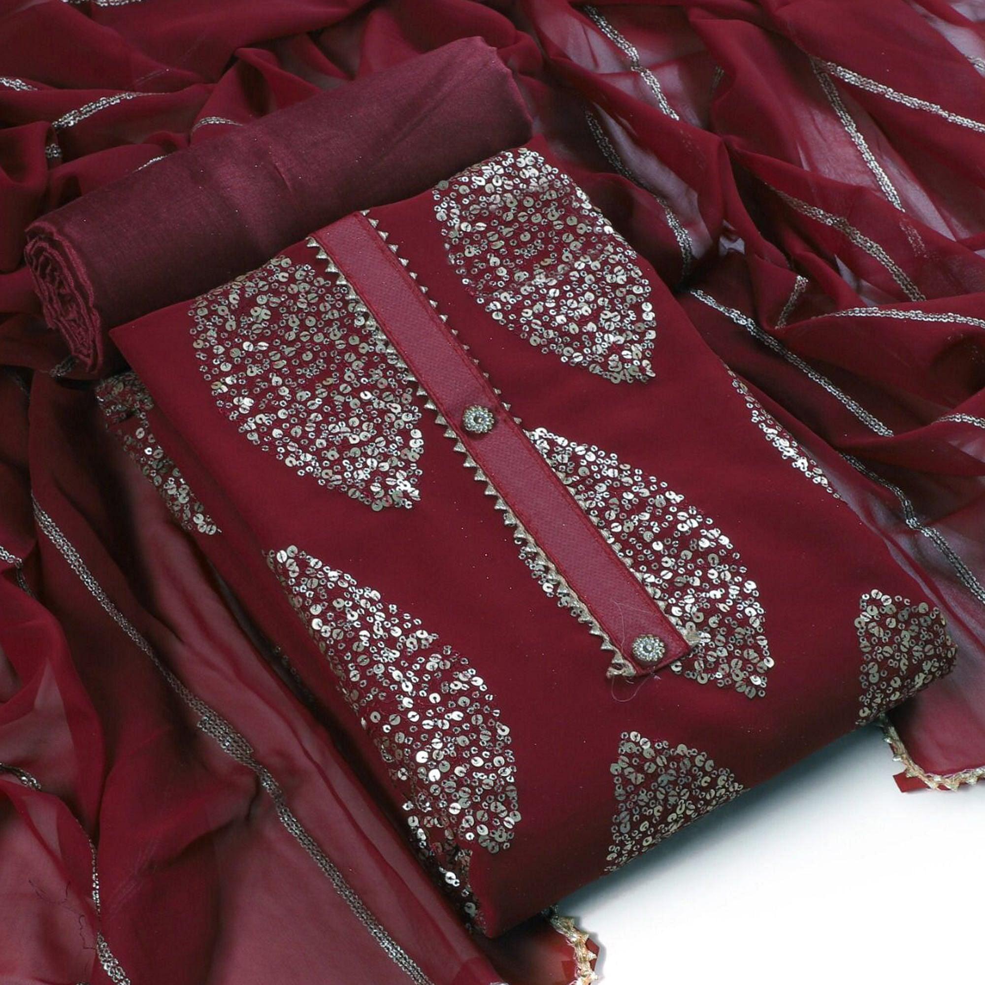 Peachmode Maroon Sequins Embroidered Georgette Dress Material