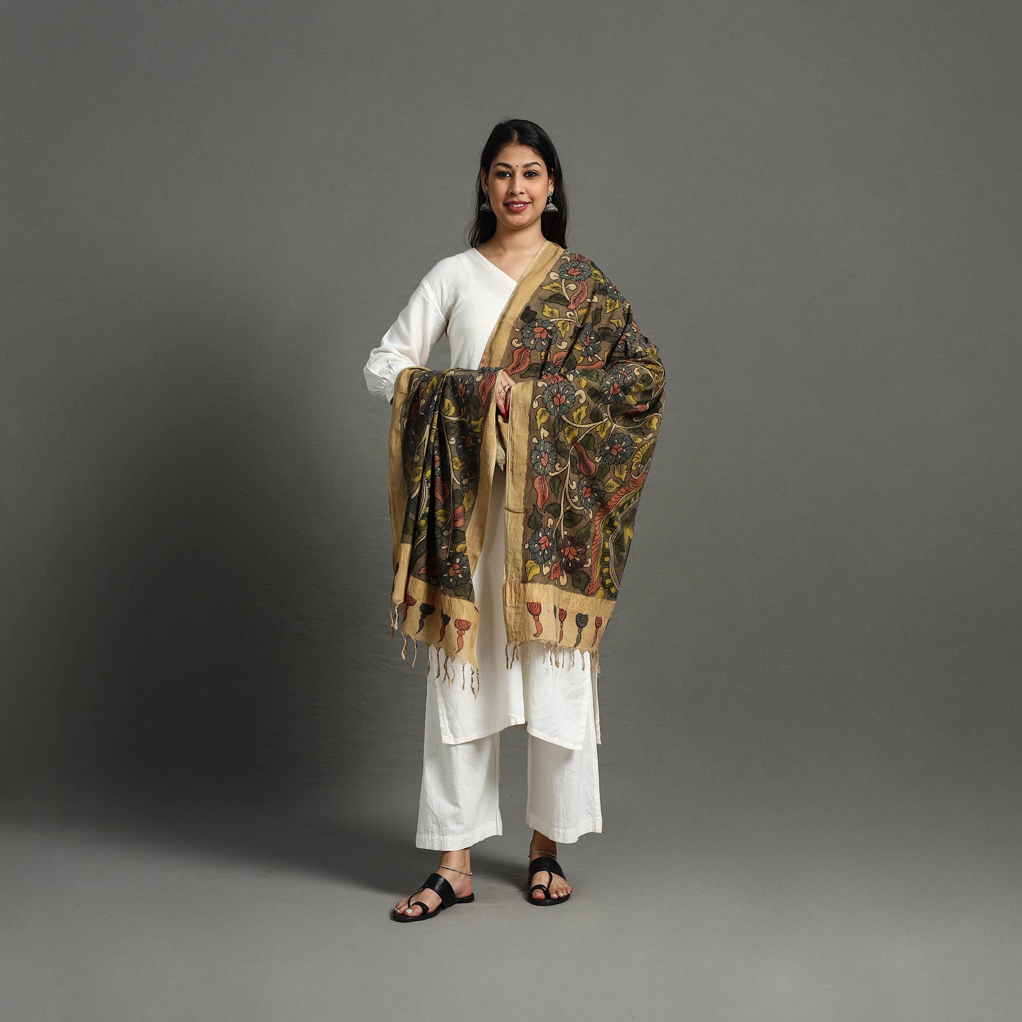 SOUTH KARGHA Brown - Mangalagiri Cotton Handpainted Pen Work Kalamkari Dupatta 11 - view 3