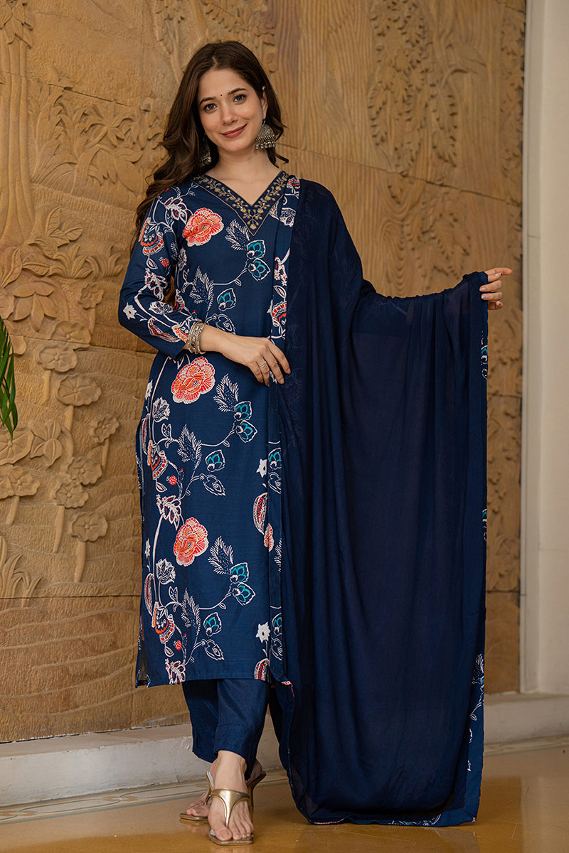 Ahika Blue Rayon Blend Floral Printed Straight Suit Set PKSKD2469 - view 4