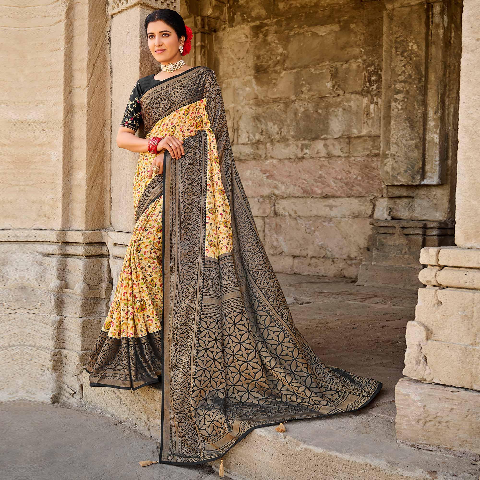 Peachmode Cream Printed Art Silk Saree With Tassels - view 2