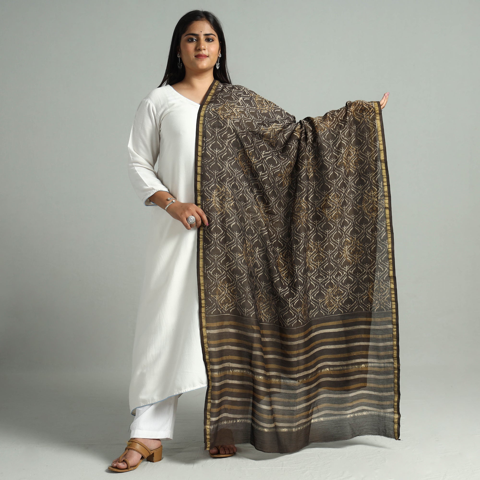 HAVELI CHRONICLES Brown - Akola Dabu Block Printed Handloom Chanderi Silk Dupatta with Zari Border 09