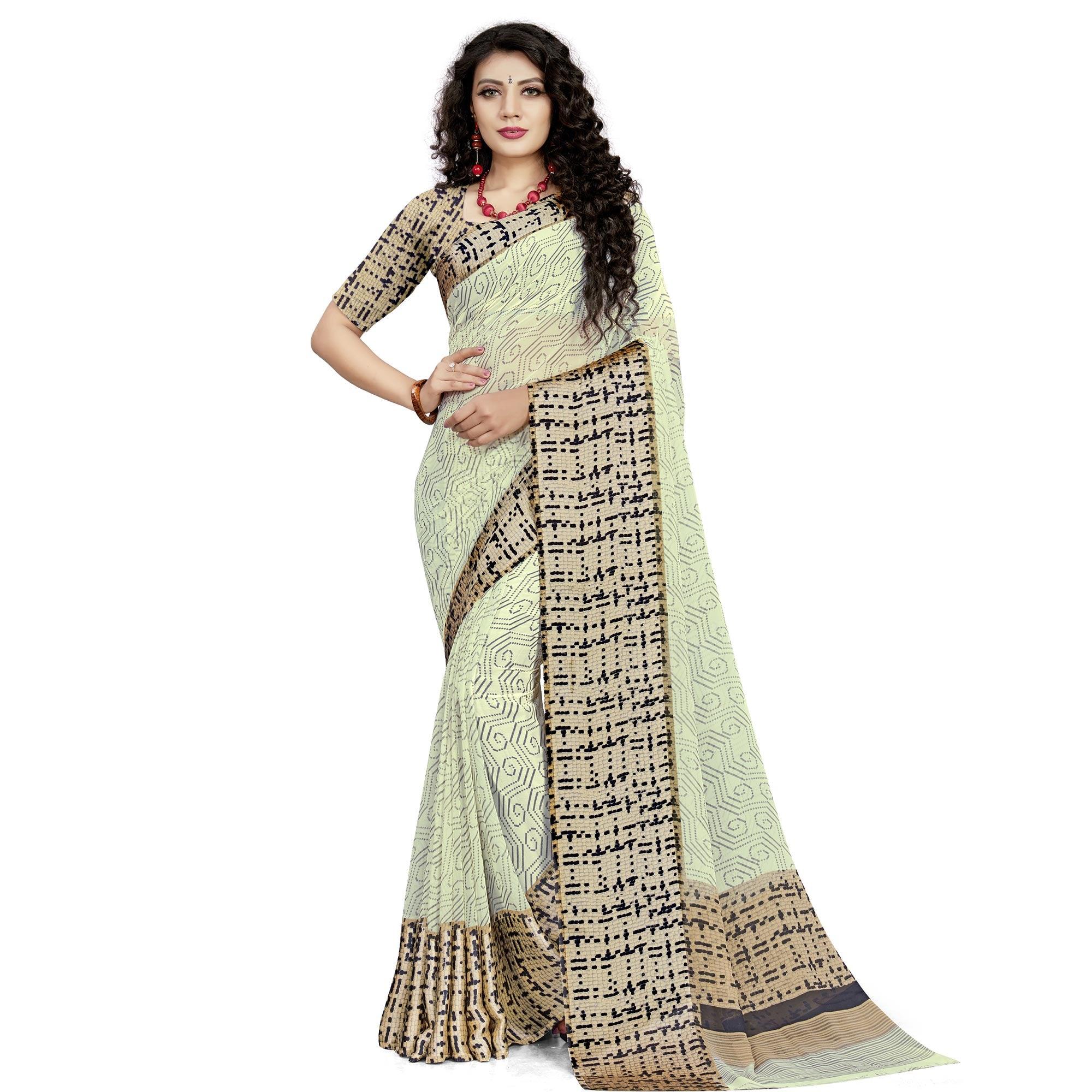 Peachmode Exotic Cream Colored Casual Wear Printed Georgette Saree