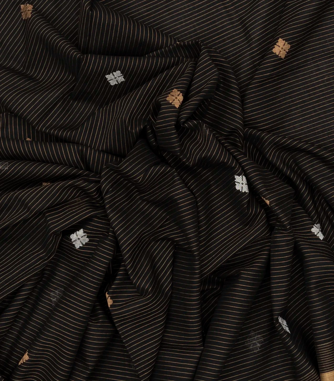 RmKV Black Handloom Bengal Cotton Saree With Stripes & Buttas - view 3