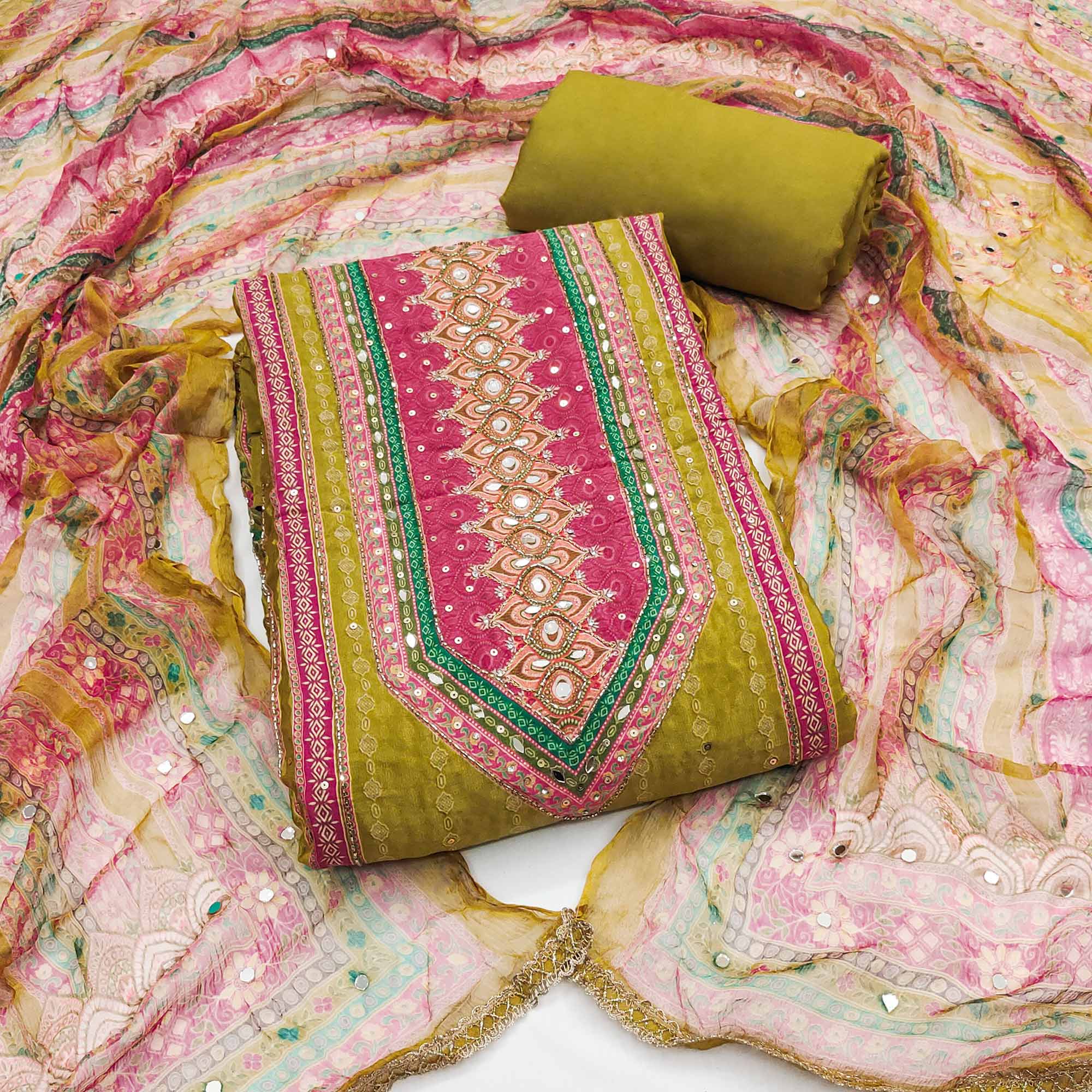 Green dress materials (unstitched) – BlackTree green-embroidered-with-printed-work-crepe-dress-material-1