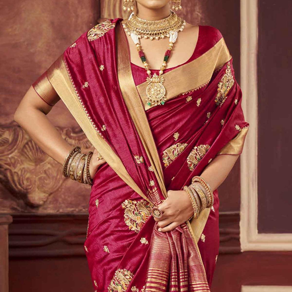 Peachmode Maroon Woven-Embroidered Raw Silk Saree With Tassels - view 3