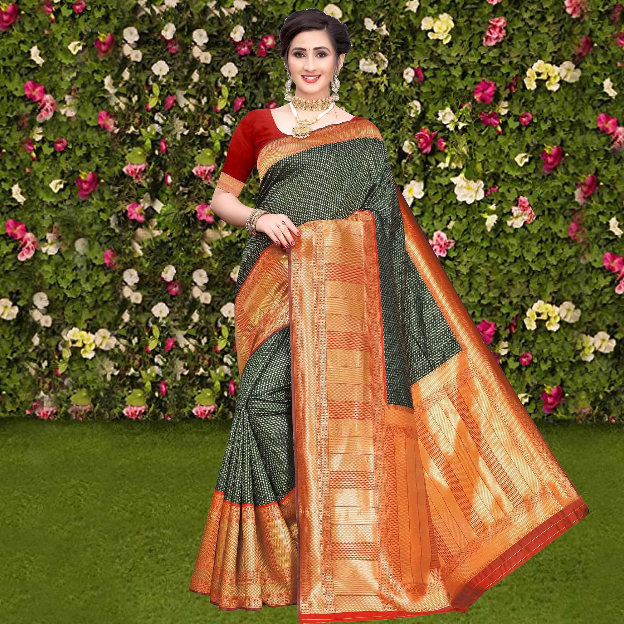 Peachmode Magnetic Green Colored Festive Wear Woven Banarasi Silk Saree