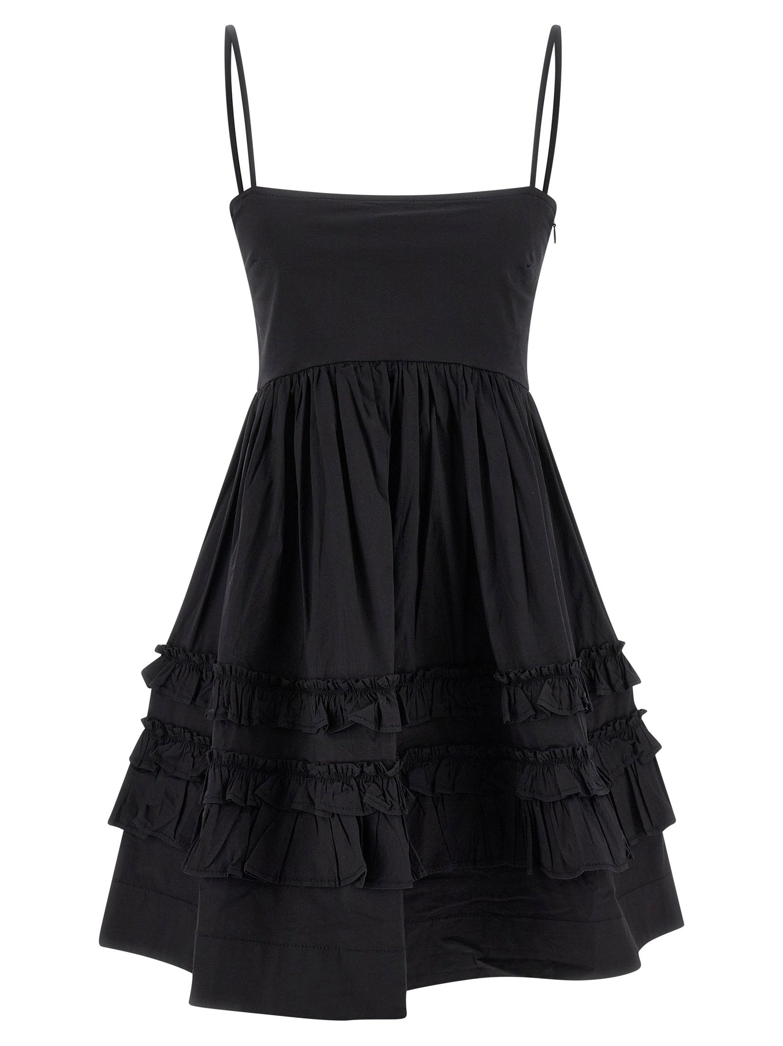 Ganni Black Mini Frill Dress – 97% cotton, 3% elastane